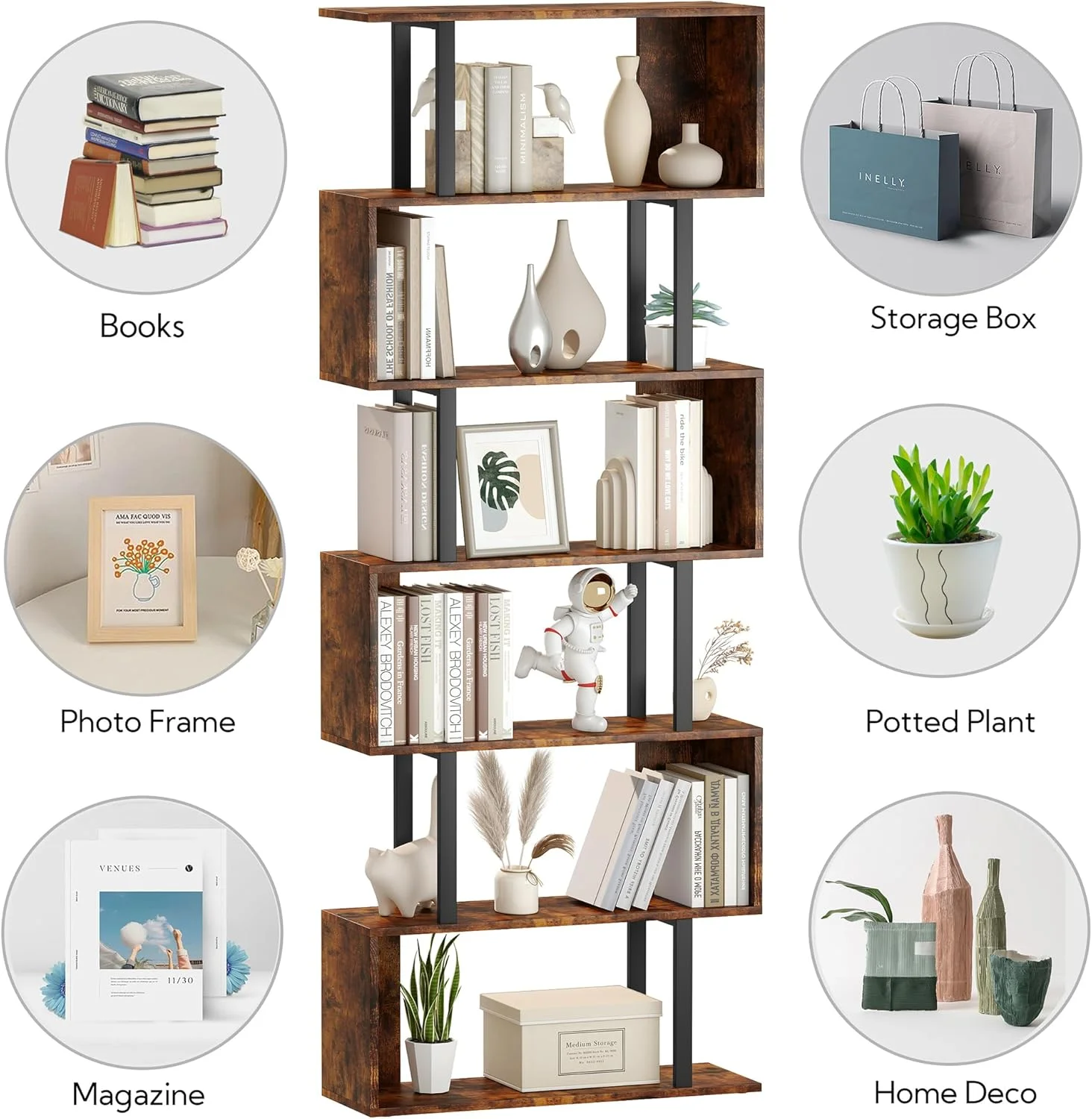 کتابخانه هندسی یوسونگ، قفسه کتاب S شکل 6 طبقه برای اتاق خواب، قفسه نمایشگر تزئینی چوبی مدرن، کتابخانه بلند برای دفتر کار خانگی، قهوه ای و مشکی کتابخانه هندسی یوسونگ، قفسه کتاب S شکل 6 طبقه برای اتاق خواب، قفسه نمایشگر تزئینی چوبی مدرن، کتابخانه بلند برای دفتر کار خانگی، قهوه ای و مشکی