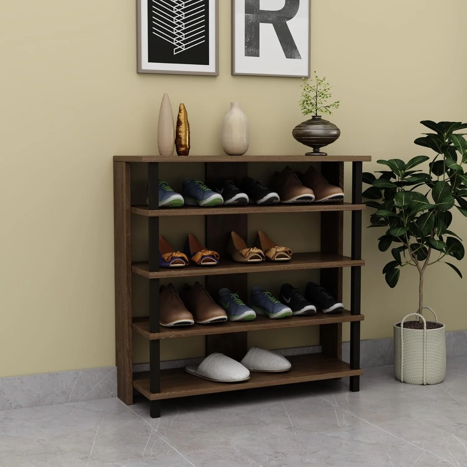 کابینت جاکفشی چوبی RIGID، سازمان دهنده 5 طبقه ایستاده برای ورودی، راهرو و اتاق نشیمن | استند چند منظوره دمپایی، قفسه نگهداری چکمه - مونتاژ شده (30D x 80W x 78H CM)