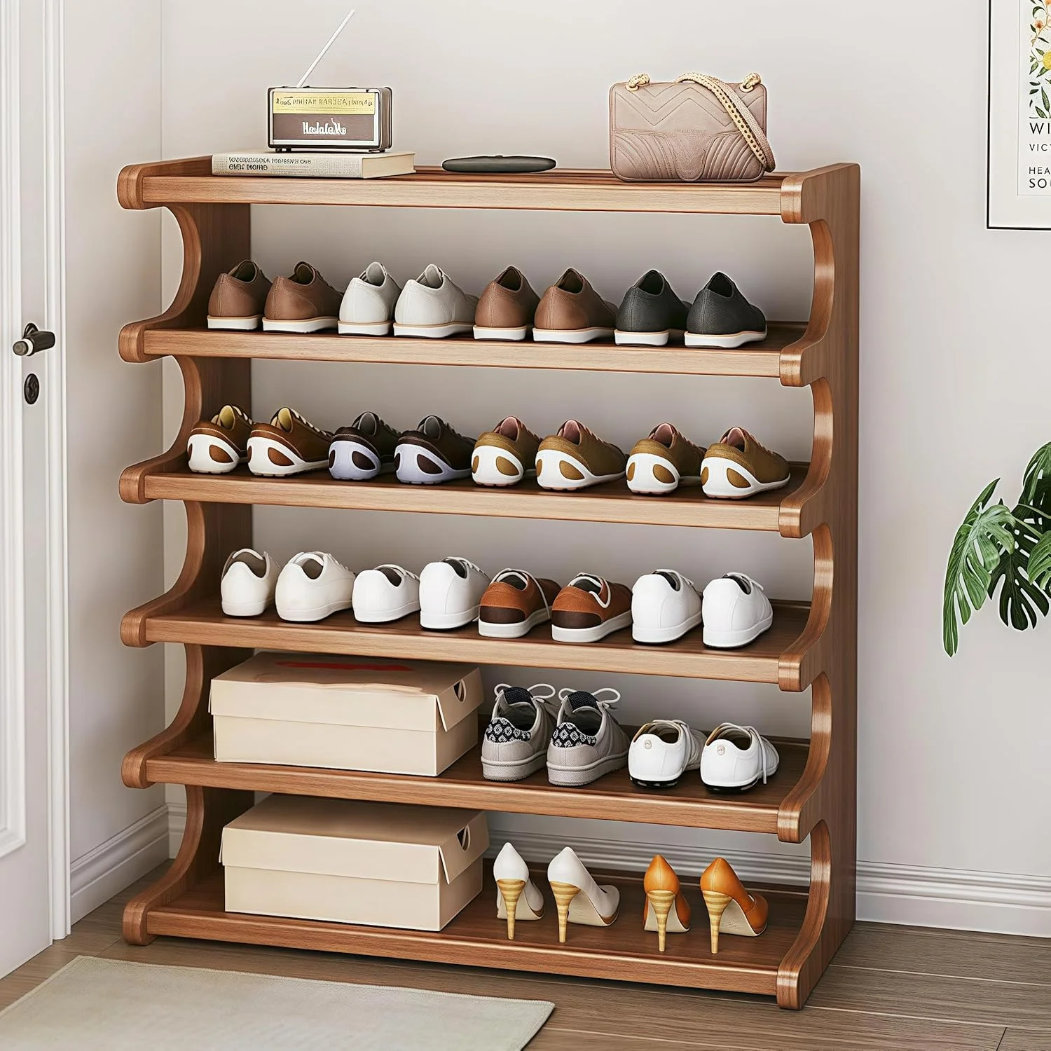جاکفشی چوبی 6 طبقه LEDIN، سازمان دهنده و قفسه نگهداری کفش، کابینت کفش ایستاده برای ورودی، کمد، راهرو، جاکفشی چند منظوره درب ورودی (قهوه ای، 80x50x20 سانتی متر)