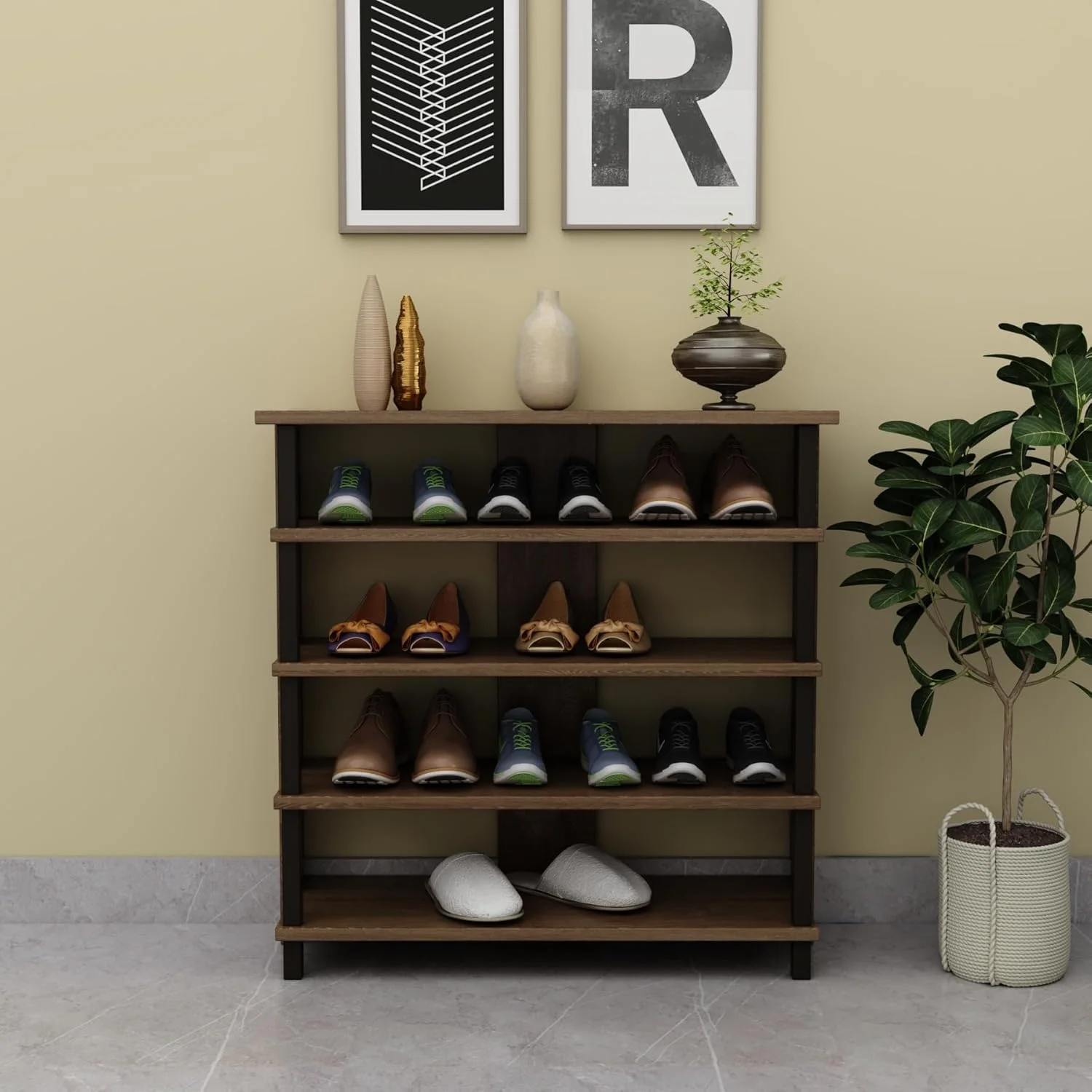 کابینت جاکفشی چوبی RIGID، سازمان دهنده 5 طبقه ایستاده برای ورودی، راهرو و اتاق نشیمن | استند چند منظوره دمپایی، قفسه نگهداری چکمه - مونتاژ شده (30D x 80W x 78H CM) کابینت جاکفشی چوبی RIGID، سازمان دهنده 5 طبقه ایستاده برای ورودی، راهرو و اتاق نشیمن | استند چند منظوره دمپایی، قفسه نگهداری چکمه - مونتاژ شده (30D x 80W x 78H CM)