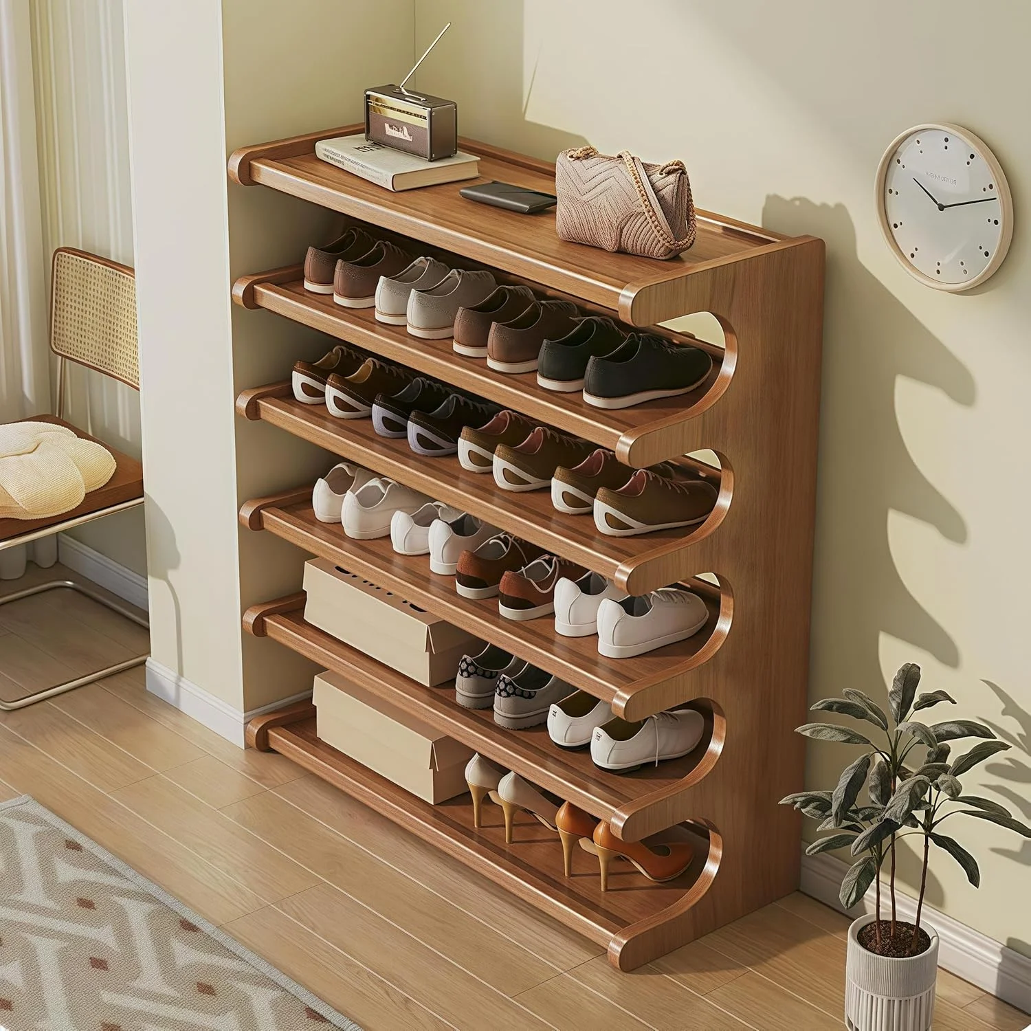 جاکفشی چوبی 6 طبقه LEDIN، سازمان دهنده و قفسه نگهداری کفش، کابینت کفش ایستاده برای ورودی، کمد، راهرو، جاکفشی چند منظوره درب ورودی (قهوه ای، 80x50x20 سانتی متر)