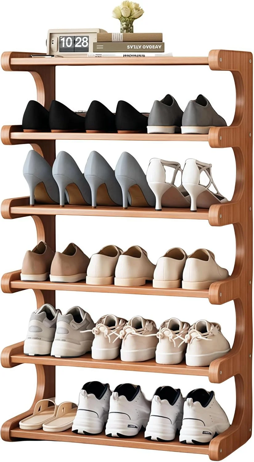 جاکفشی چوبی 6 طبقه LEDIN، سازمان دهنده و قفسه نگهداری کفش، کابینت کفش ایستاده برای ورودی، کمد، راهرو، جاکفشی چند منظوره درب ورودی (قهوه ای، 80x50x20 سانتی متر)