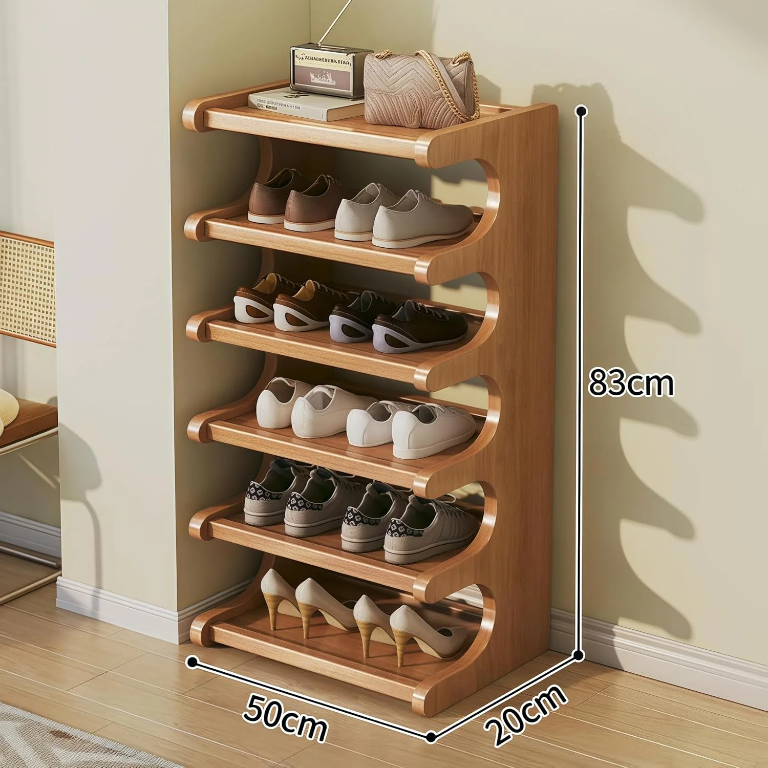 جاکفشی چوبی 6 طبقه LEDIN، سازمان دهنده و قفسه نگهداری کفش، کابینت کفش ایستاده برای ورودی، کمد، راهرو، جاکفشی چند منظوره درب ورودی (قهوه ای، 80x50x20 سانتی متر)