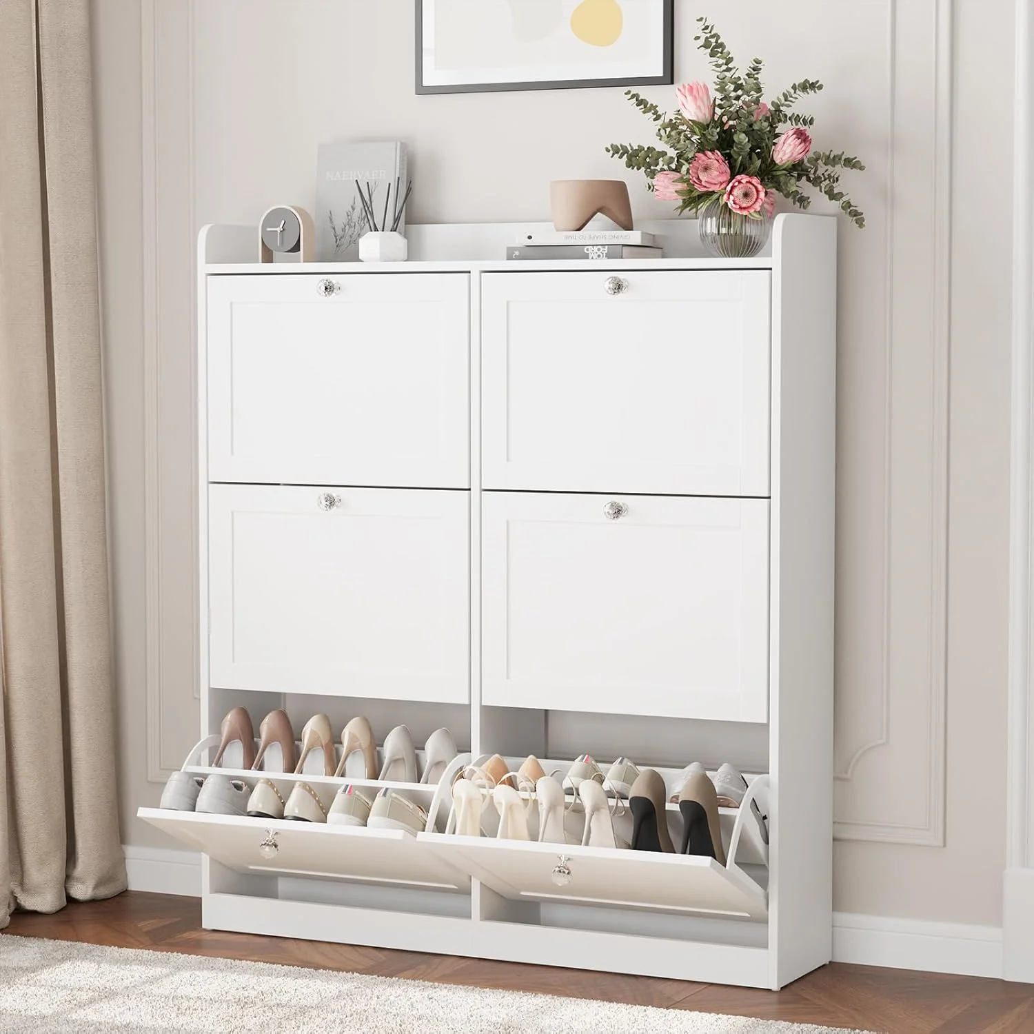 کابینت جاکفشی VOWNER با 6 کشو چرخشی و 12 قفسه، سازمان دهنده چوبی جاکفشی با قفسه های قابل تنظیم، کابینت قفسه کفش مستقل برای ورودی، 105 x 24 x 120 سانتی متر (سفید)