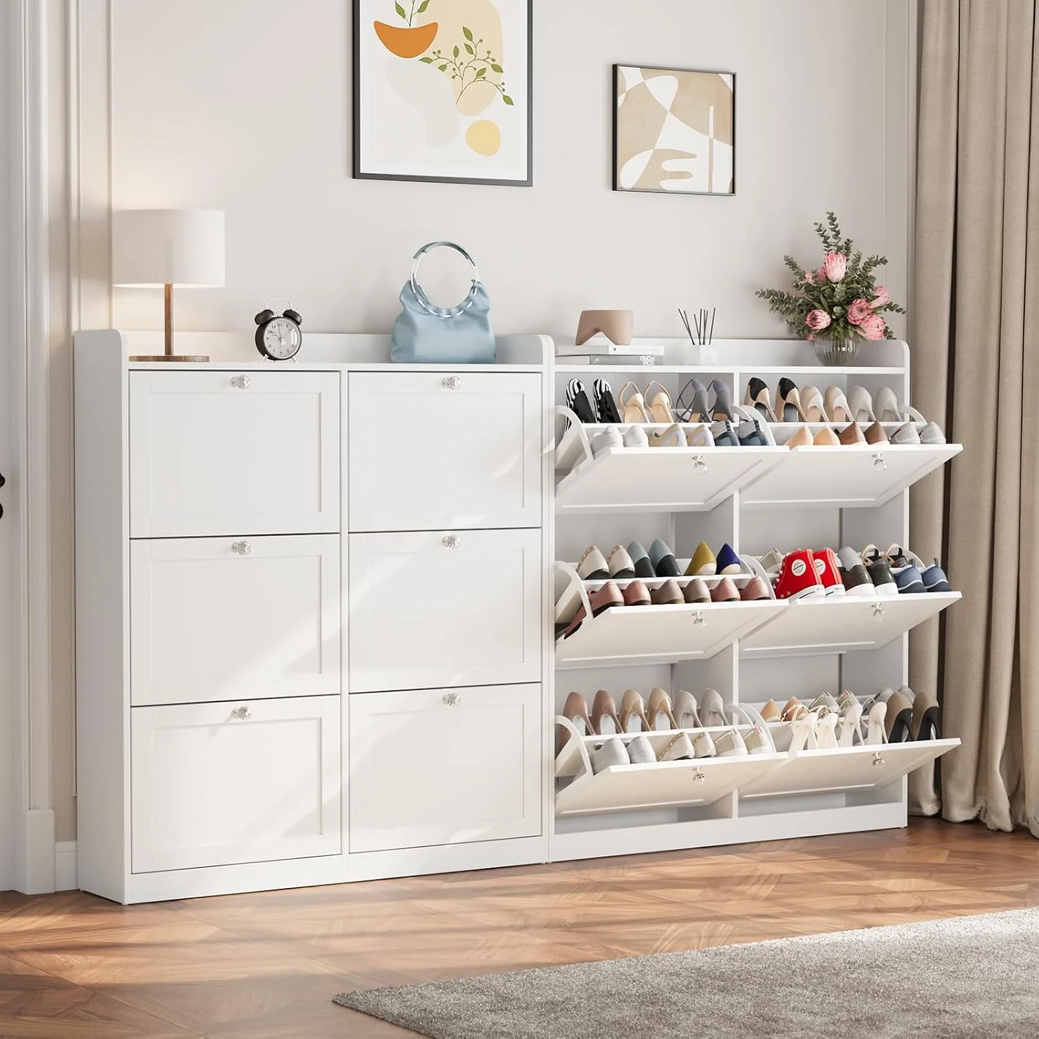 کابینت جاکفشی VOWNER با 6 کشو چرخشی و 12 قفسه، سازمان دهنده چوبی جاکفشی با قفسه های قابل تنظیم، کابینت قفسه کفش مستقل برای ورودی، 105 x 24 x 120 سانتی متر (سفید)