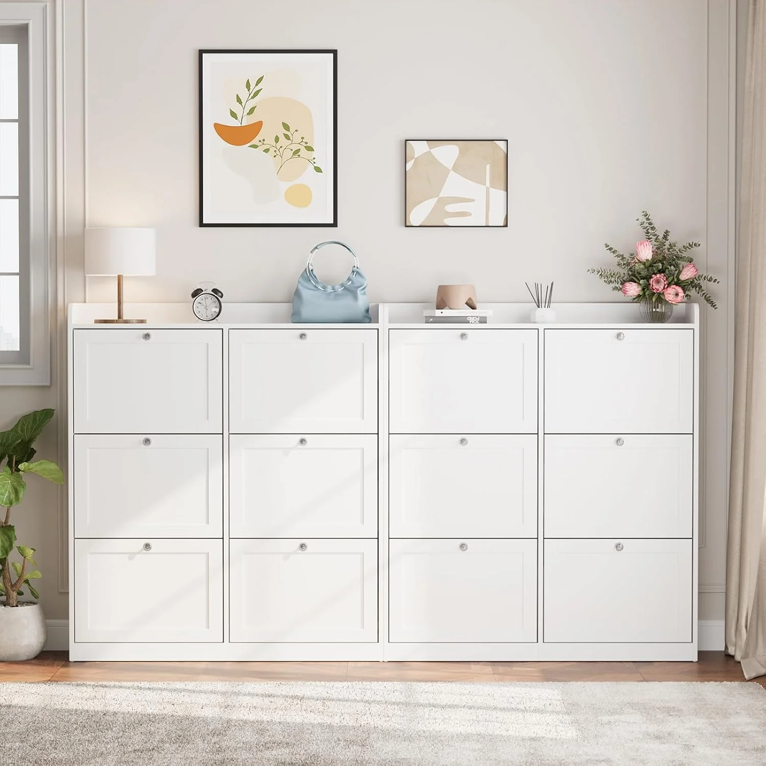 کابینت جاکفشی VOWNER با 6 کشو چرخشی و 12 قفسه، سازمان دهنده چوبی جاکفشی با قفسه های قابل تنظیم، کابینت قفسه کفش مستقل برای ورودی، 105 x 24 x 120 سانتی متر (سفید)