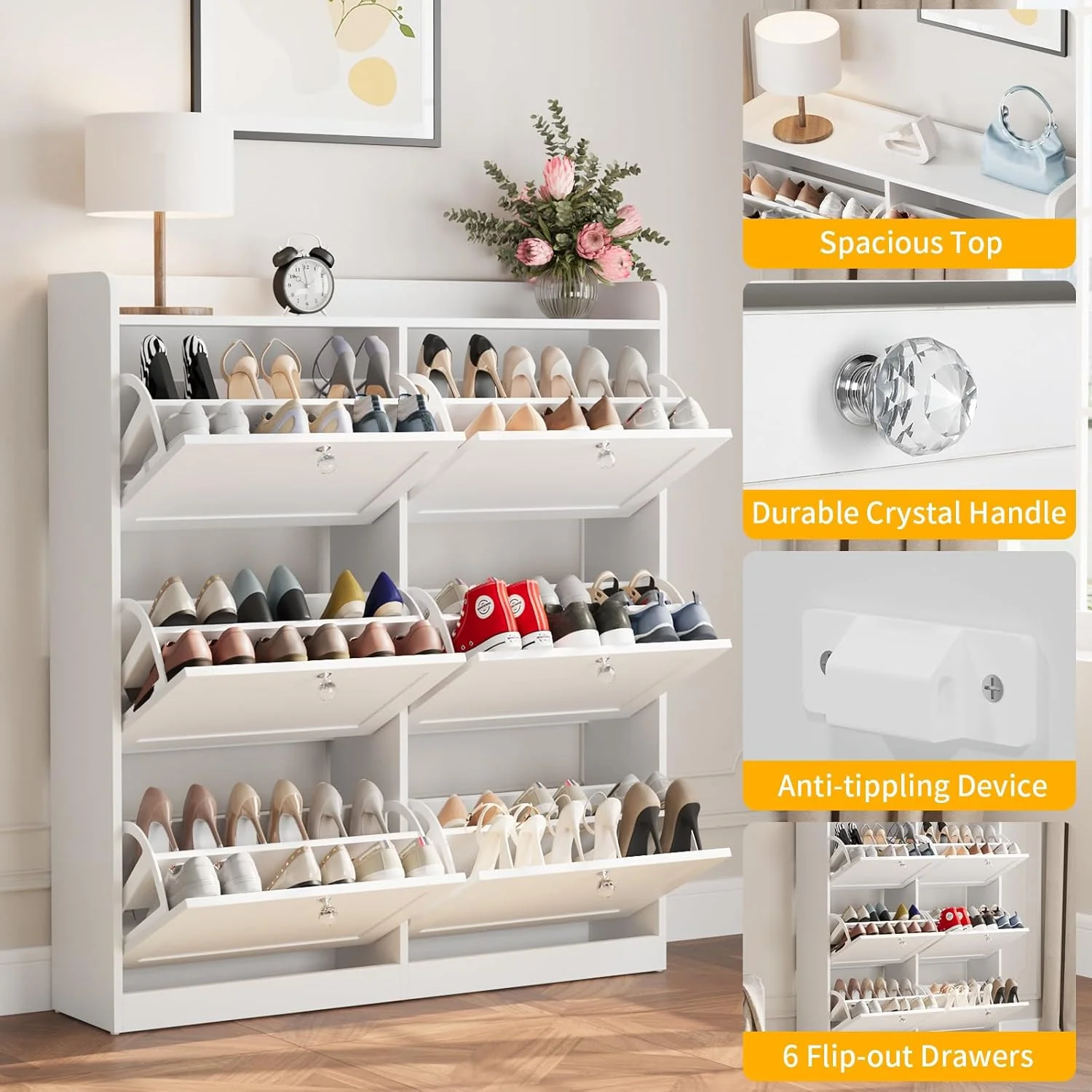 کابینت جاکفشی VOWNER با 6 کشو چرخشی و 12 قفسه، سازمان دهنده چوبی جاکفشی با قفسه های قابل تنظیم، کابینت قفسه کفش مستقل برای ورودی، 105 x 24 x 120 سانتی متر (سفید)