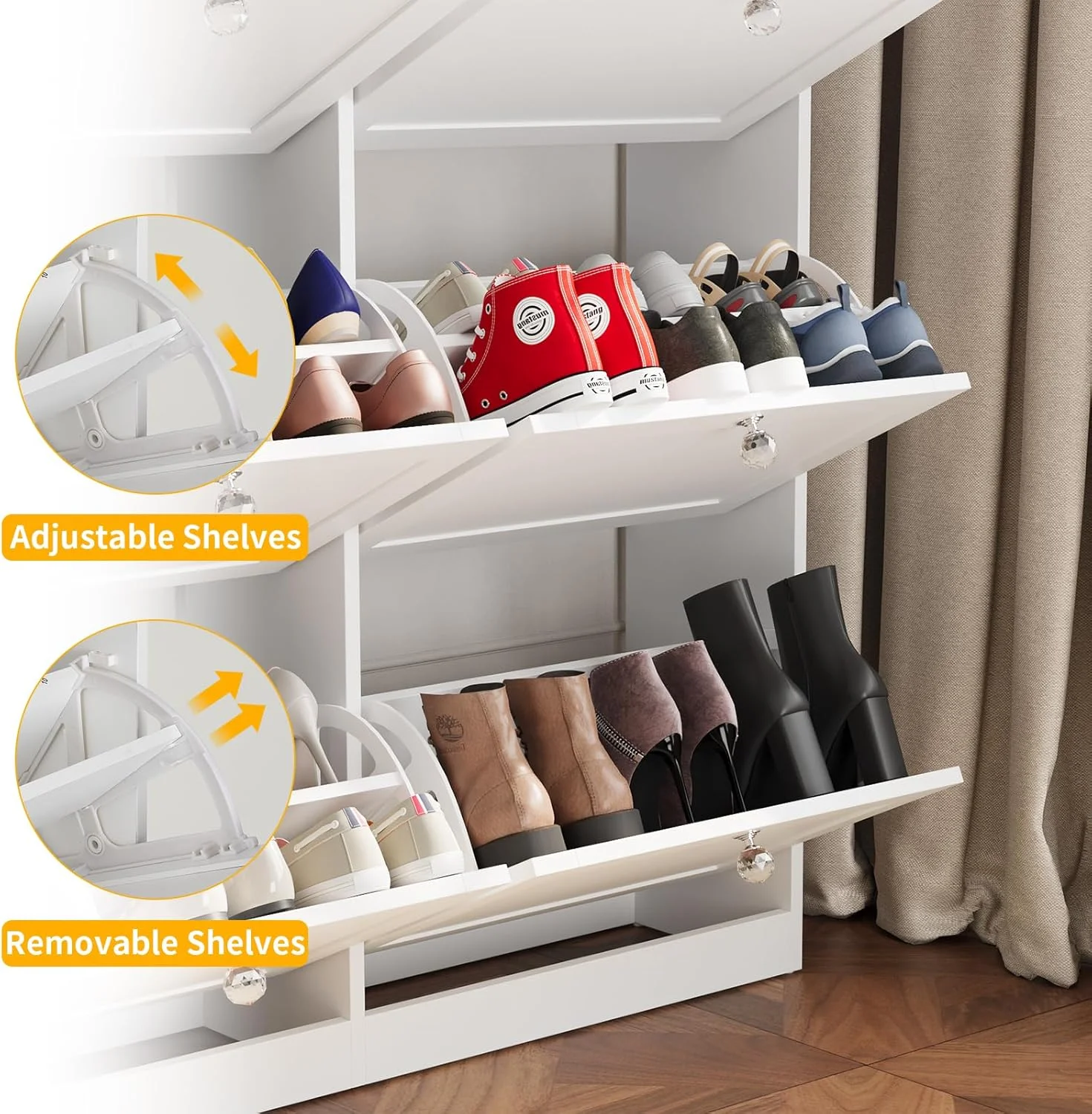کابینت جاکفشی VOWNER با 6 کشو چرخشی و 12 قفسه، سازمان دهنده چوبی جاکفشی با قفسه های قابل تنظیم، کابینت قفسه کفش مستقل برای ورودی، 105 x 24 x 120 سانتی متر (سفید)