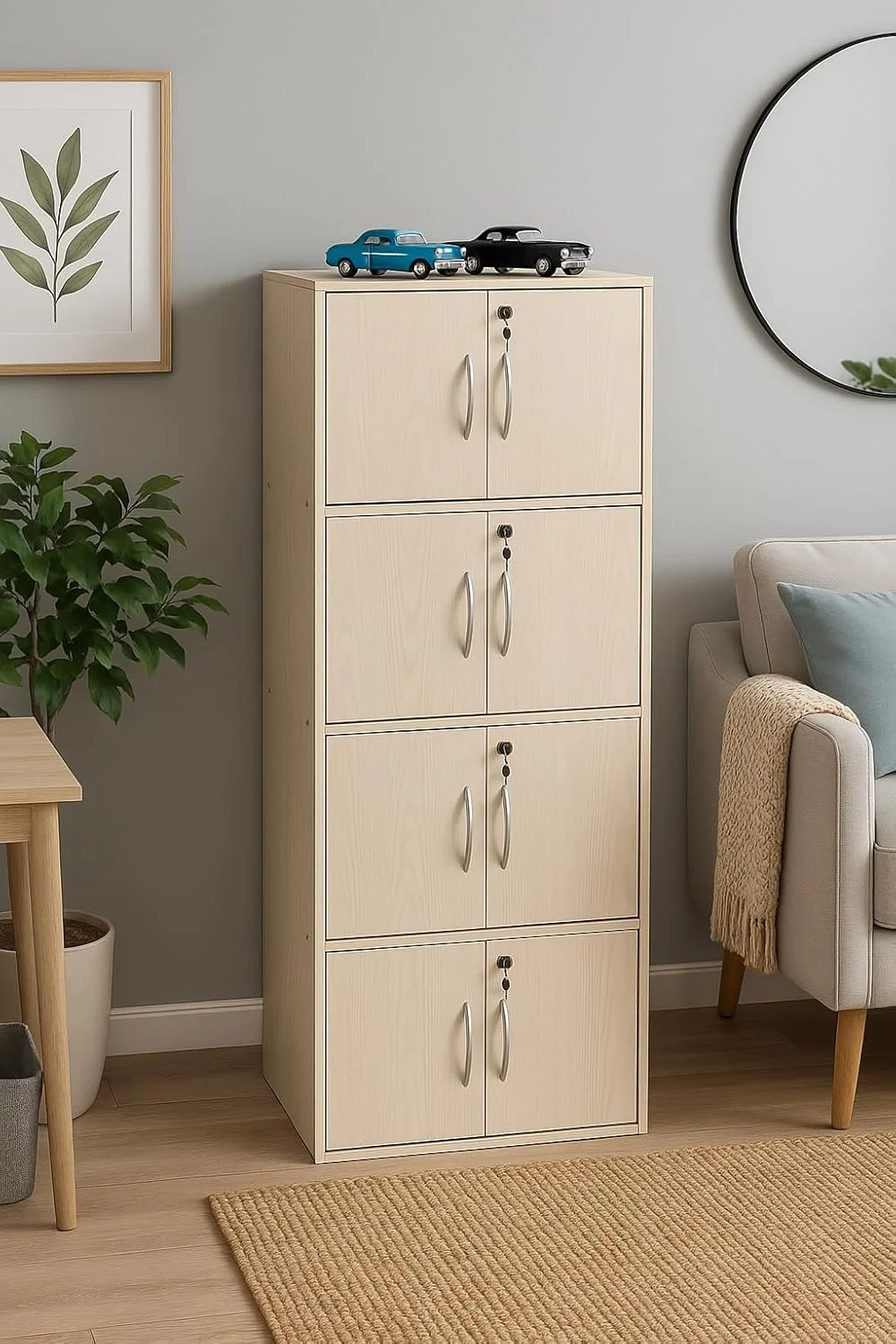 کابینت ذخیره سازی چوبی مدرن 8 طبقه با درهای قفل دار - سازمان دهنده ایستاده 148.5 سانتی متری با 8 قفسه جادار 35 سانتی متری، سطح 40x60 سانتی متر، پانل های ضخیم 15 میلی متری - کمد چند منظوره بادوام