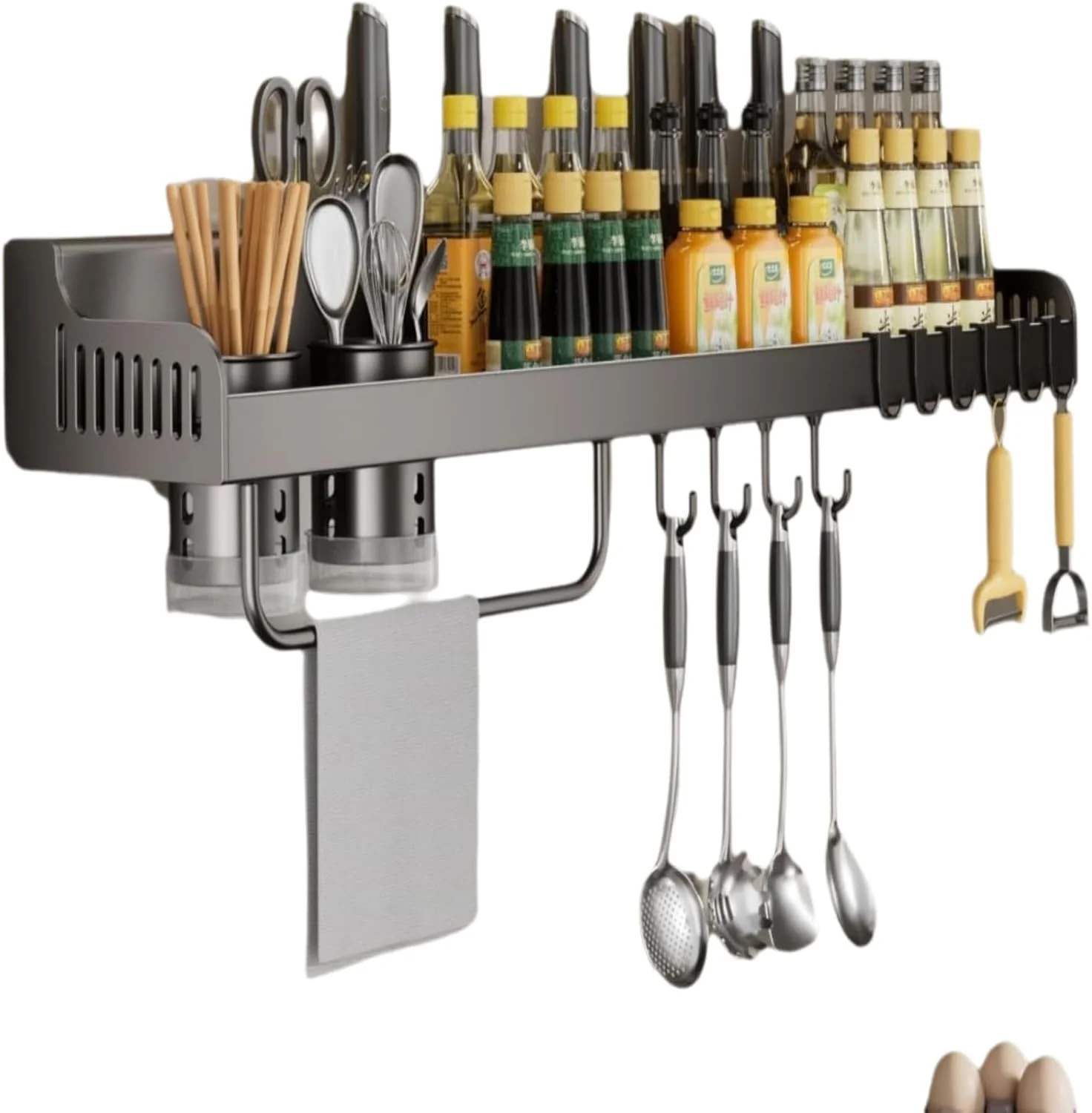 Hanging Spice Rack Wall Mount, Spice Rack Kitchen Utensil Rack, Wall Mounted Spice Rack Spice Rack with Hooks Wall Mount, Hanging Storage Wall Shelf for Spatula Spoon, Seasoning Jar Organizer, Black