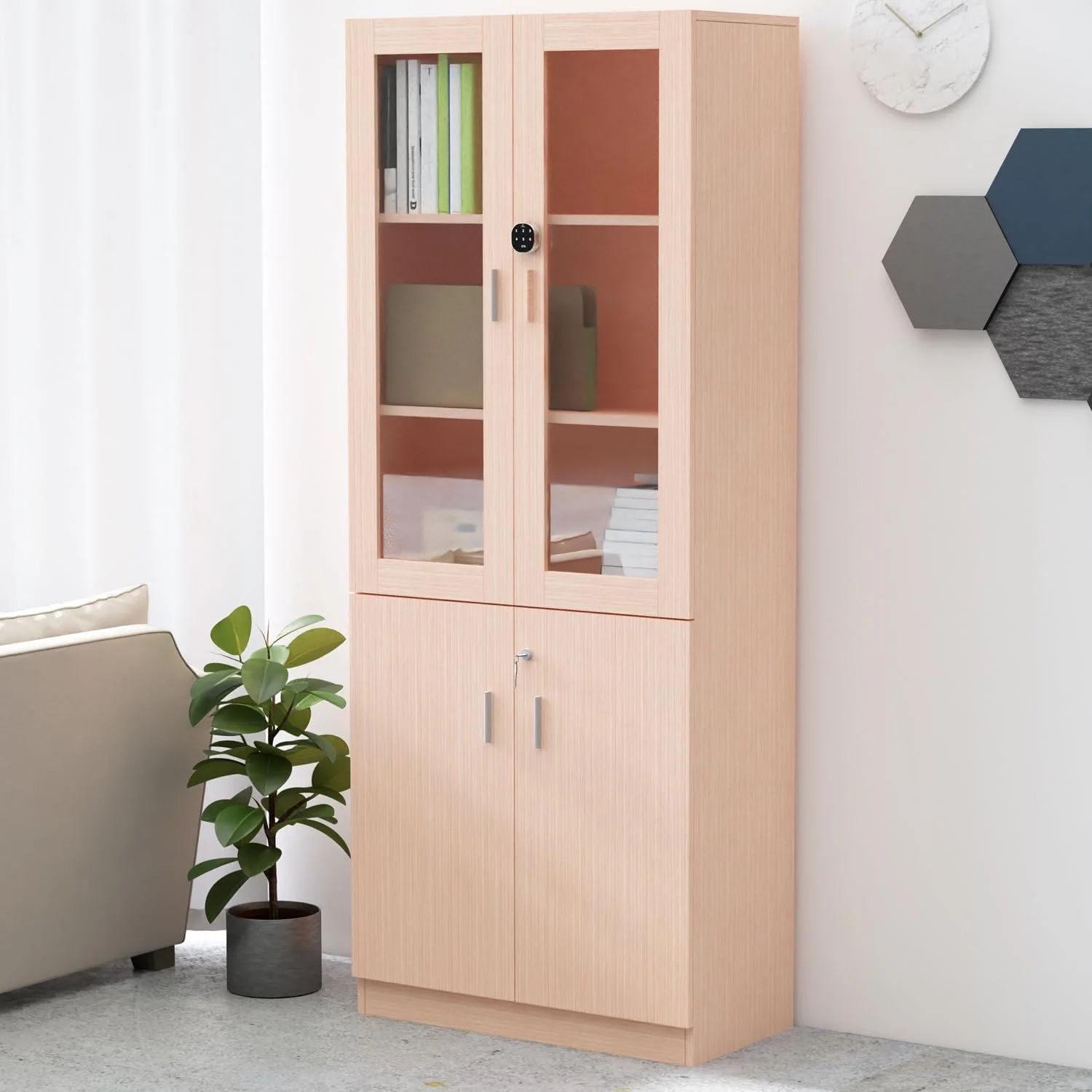 کتابخانه قدی تمام قد Mahmayi Carre 1123 با قفل دیجیتال، کتابخانه چوبی مستحکم و شیک ایده آل برای خانه و دفتر - بلوطی
