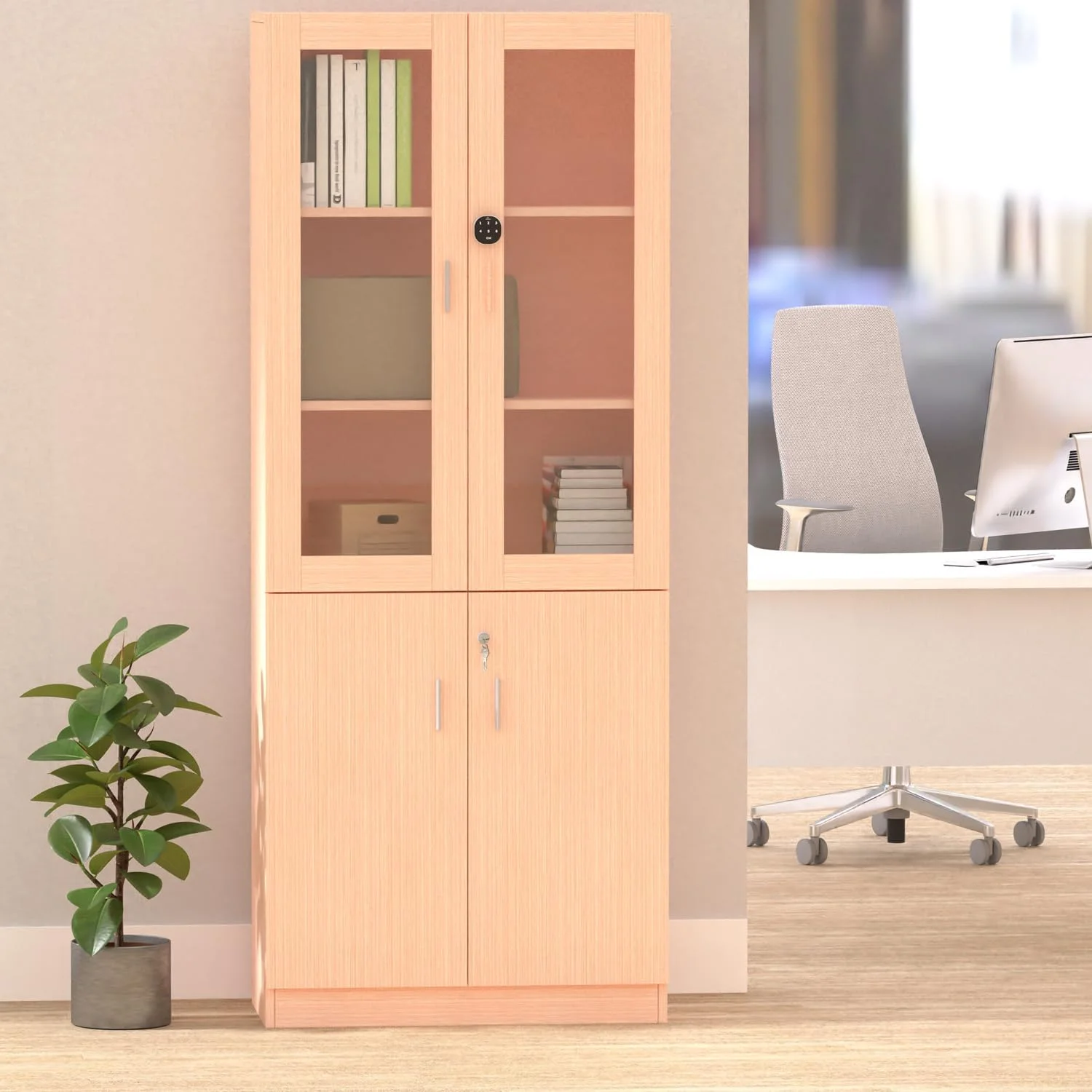 کتابخانه قدی تمام قد Mahmayi Carre 1123 با قفل دیجیتال، کتابخانه چوبی مستحکم و شیک ایده آل برای خانه و دفتر - بلوطی