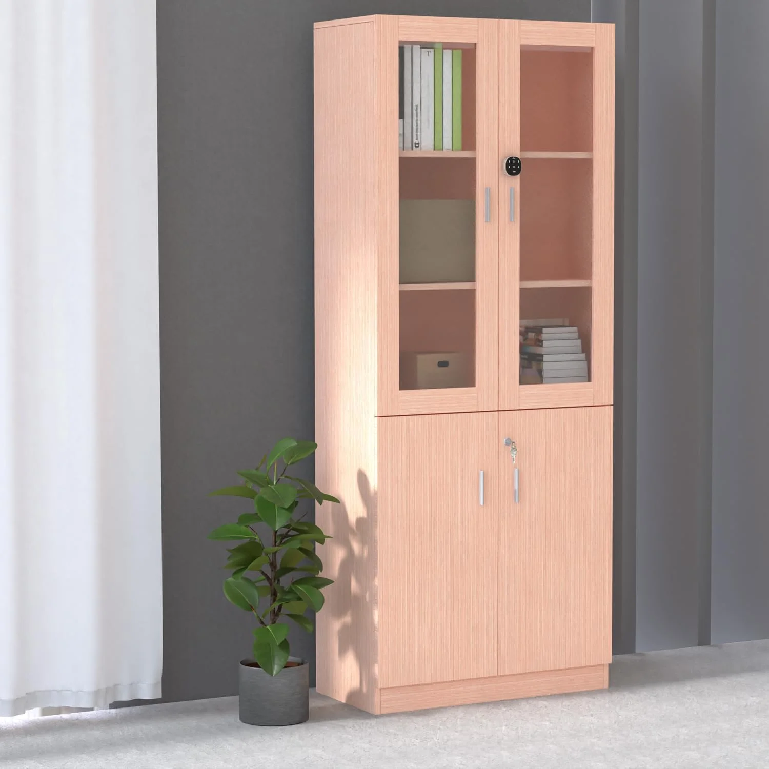 کتابخانه قدی تمام قد Mahmayi Carre 1123 با قفل دیجیتال، کتابخانه چوبی مستحکم و شیک ایده آل برای خانه و دفتر - بلوطی