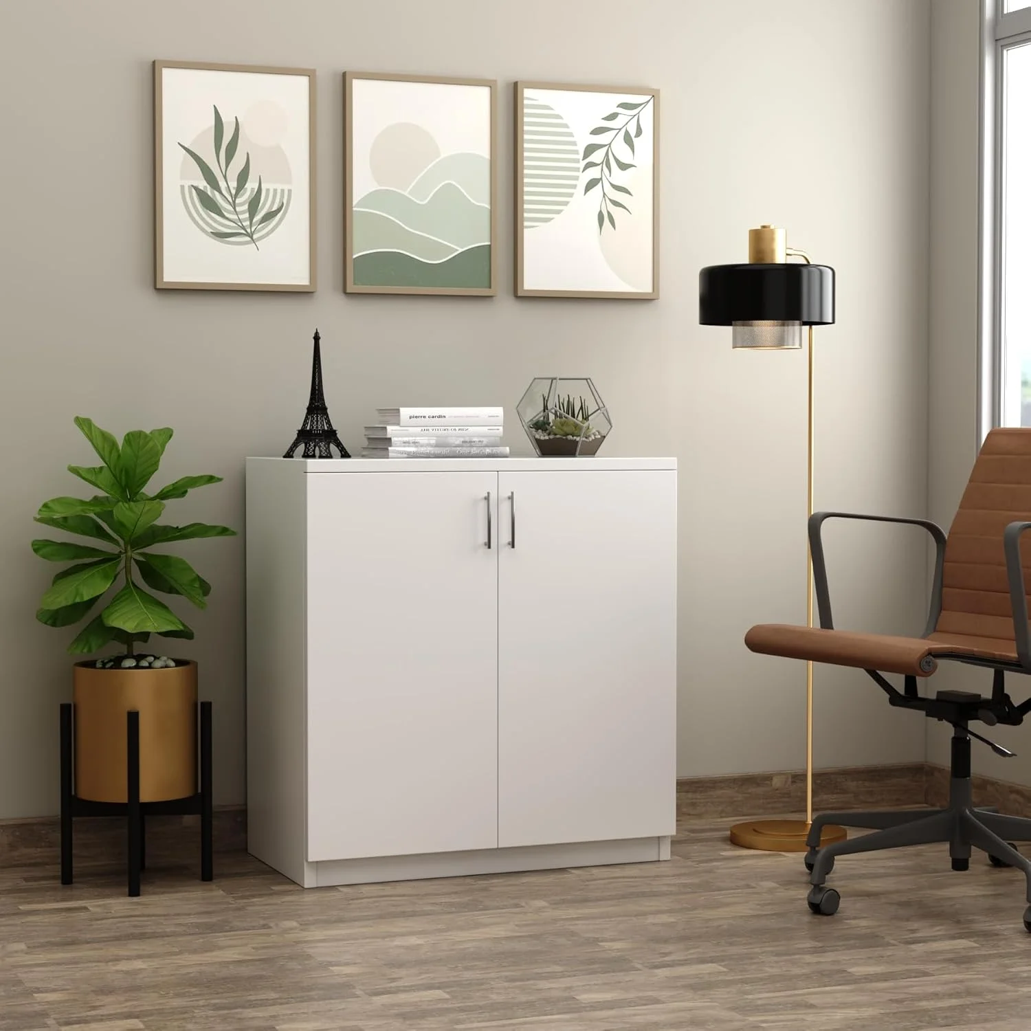 کابینت کوتاه RIGID | کابینت کوچک چوبی برای خانه، دفتر، اتاق نشیمن | سازمان دهنده سفید با قفسه - حالت دمونتاژ (40 عمق x 90 عرض x 85 ارتفاع سانتی متر)