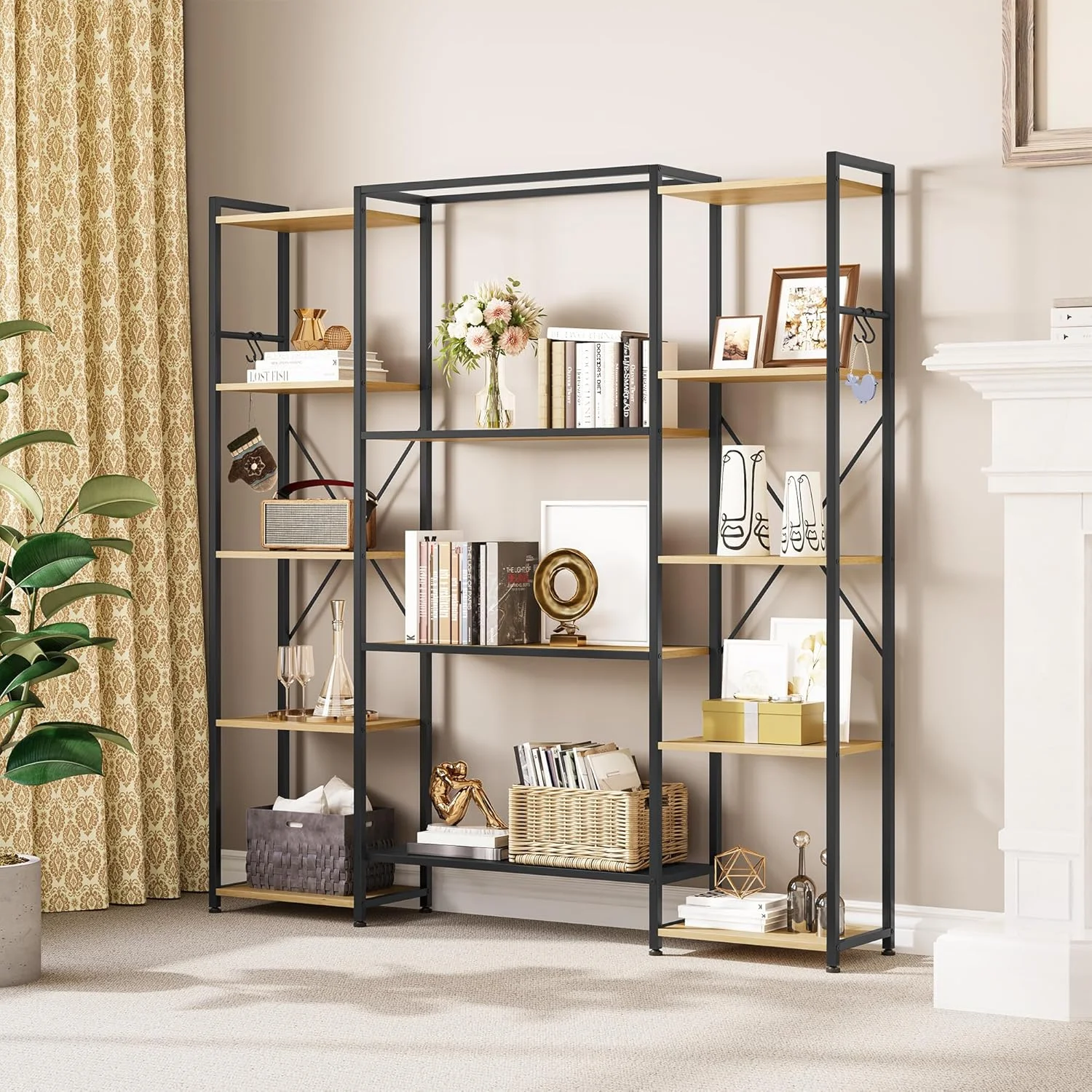 کتابخانه YITAHOME، قفسه کتاب صنعتی با 13 طبقه، واحد قفسه بندی ایستاده، قفسه چوبی و قاب فلزی، قفسه نمایشگر برای اتاق نشیمن، دفتر کار خانگی، کتابخانه رنگ بلوطی