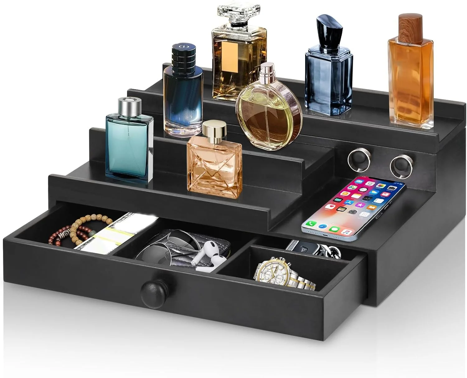 استند چوبی نظم دهنده عطر KASTWAVE، قفسه نمایشگر چوبی با محفظه مخفی، برای فروشندگان، فیگورهای پاپ، کاپ کیک ها، نگهداری کلکسیون ها، لوازم ضروری اتاق برای مردان، هدیه برای همسر (مشکی)