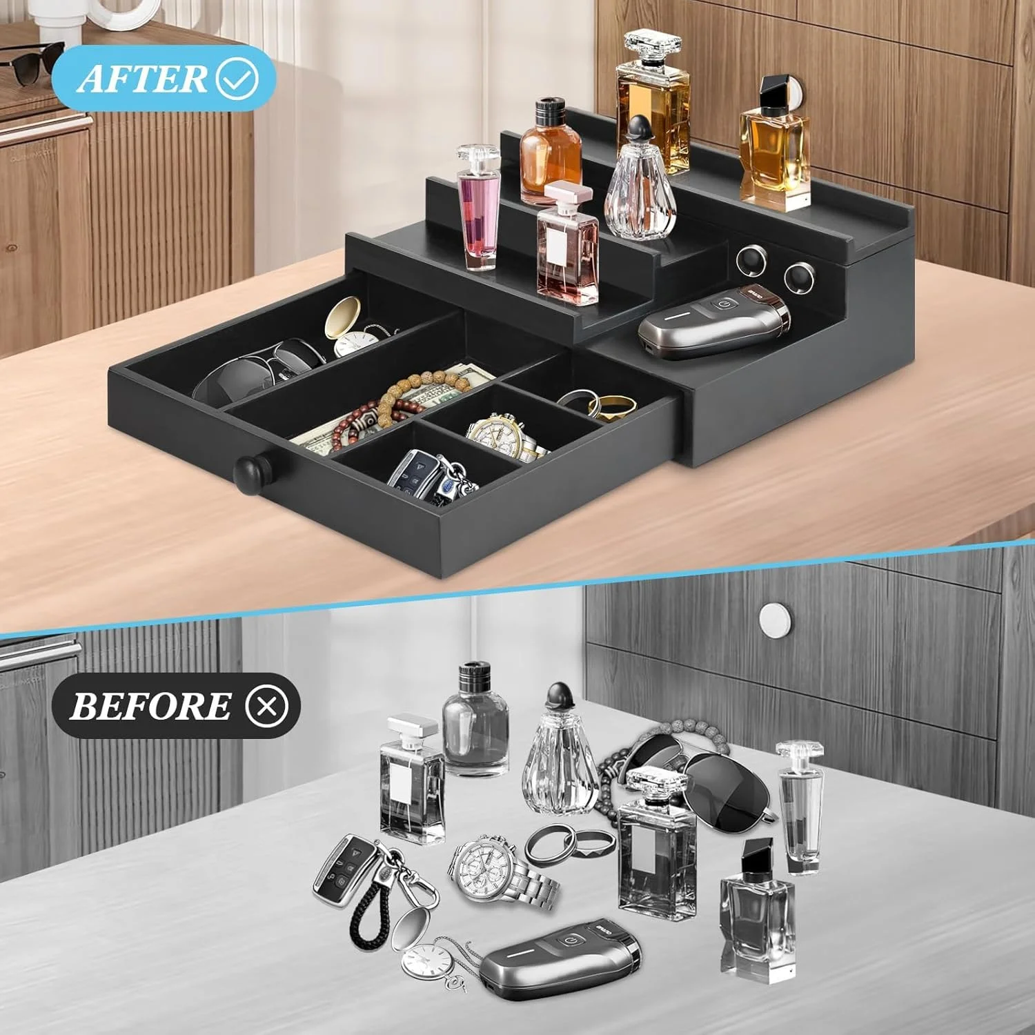 استند چوبی نظم دهنده عطر KASTWAVE، قفسه نمایشگر چوبی با محفظه مخفی، برای فروشندگان، فیگورهای پاپ، کاپ کیک ها، نگهداری کلکسیون ها، لوازم ضروری اتاق برای مردان، هدیه برای همسر (مشکی)
