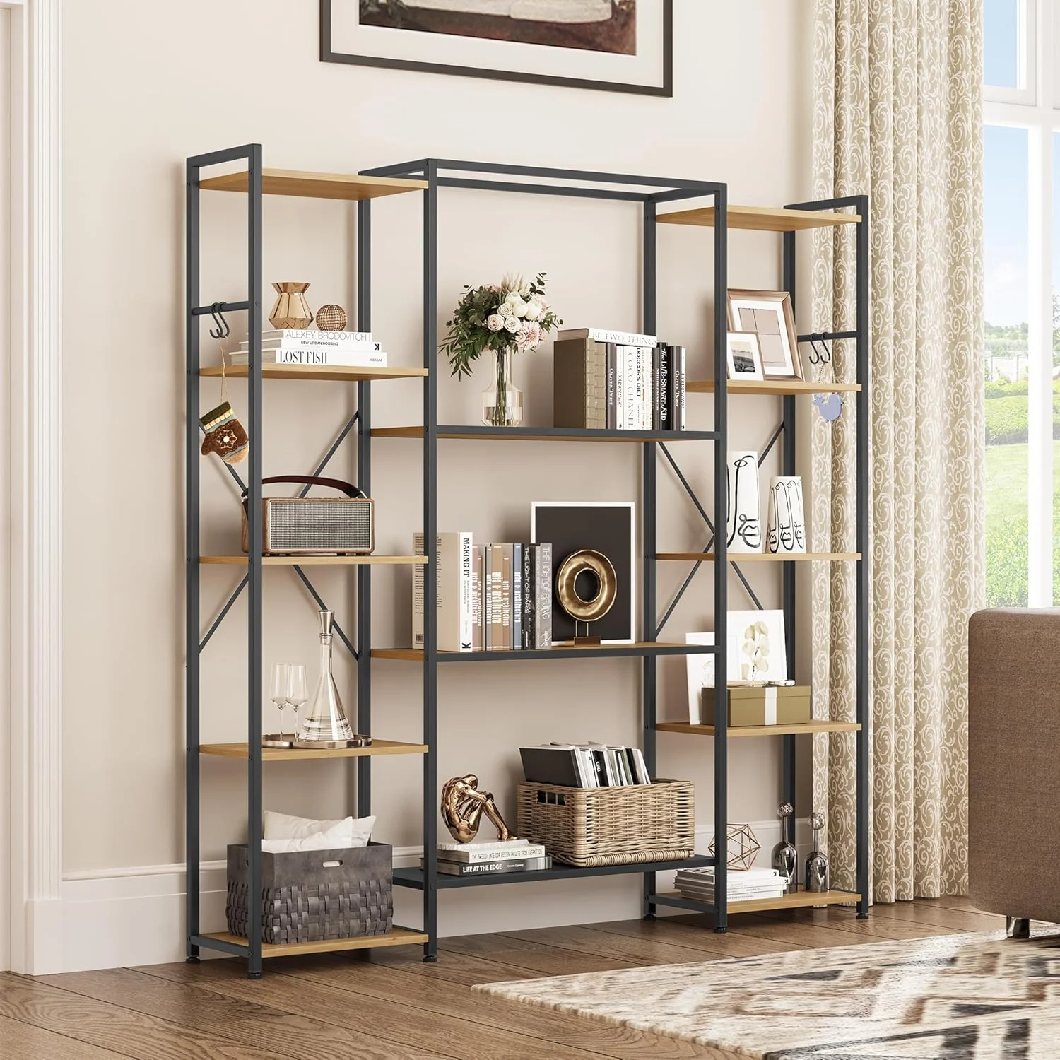 کتابخانه YITAHOME، قفسه کتاب صنعتی با 13 طبقه، واحد قفسه بندی ایستاده، قفسه چوبی و قاب فلزی، قفسه نمایشگر برای اتاق نشیمن، دفتر کار خانگی، کتابخانه رنگ بلوطی کتابخانه YITAHOME، قفسه کتاب صنعتی با 13 طبقه، واحد قفسه بندی ایستاده، قفسه چوبی و قاب فلزی، قفسه نمایشگر برای اتاق نشیمن، دفتر کار خانگی، کتابخانه رنگ بلوطی