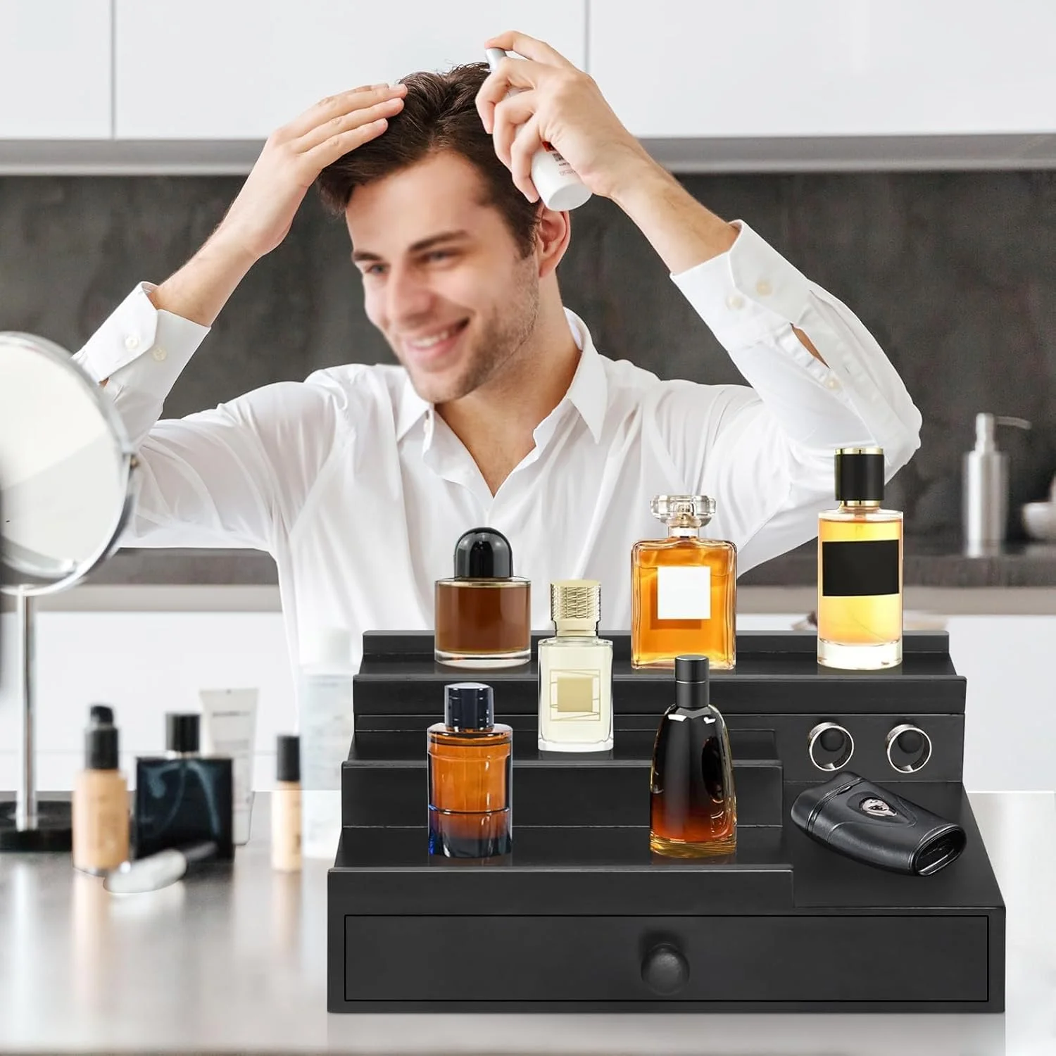 استند چوبی نظم دهنده عطر KASTWAVE، قفسه نمایشگر چوبی با محفظه مخفی، برای فروشندگان، فیگورهای پاپ، کاپ کیک ها، نگهداری کلکسیون ها، لوازم ضروری اتاق برای مردان، هدیه برای همسر (مشکی)