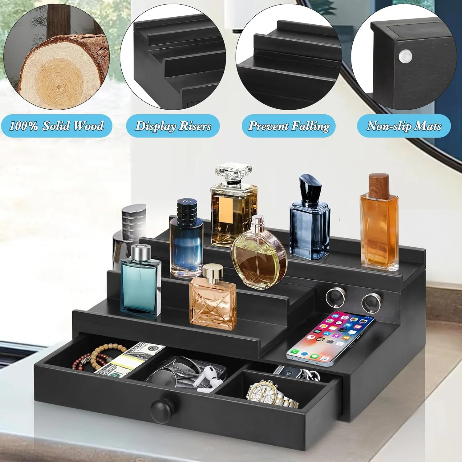 استند چوبی نظم دهنده عطر KASTWAVE، قفسه نمایشگر چوبی با محفظه مخفی، برای فروشندگان، فیگورهای پاپ، کاپ کیک ها، نگهداری کلکسیون ها، لوازم ضروری اتاق برای مردان، هدیه برای همسر (مشکی)