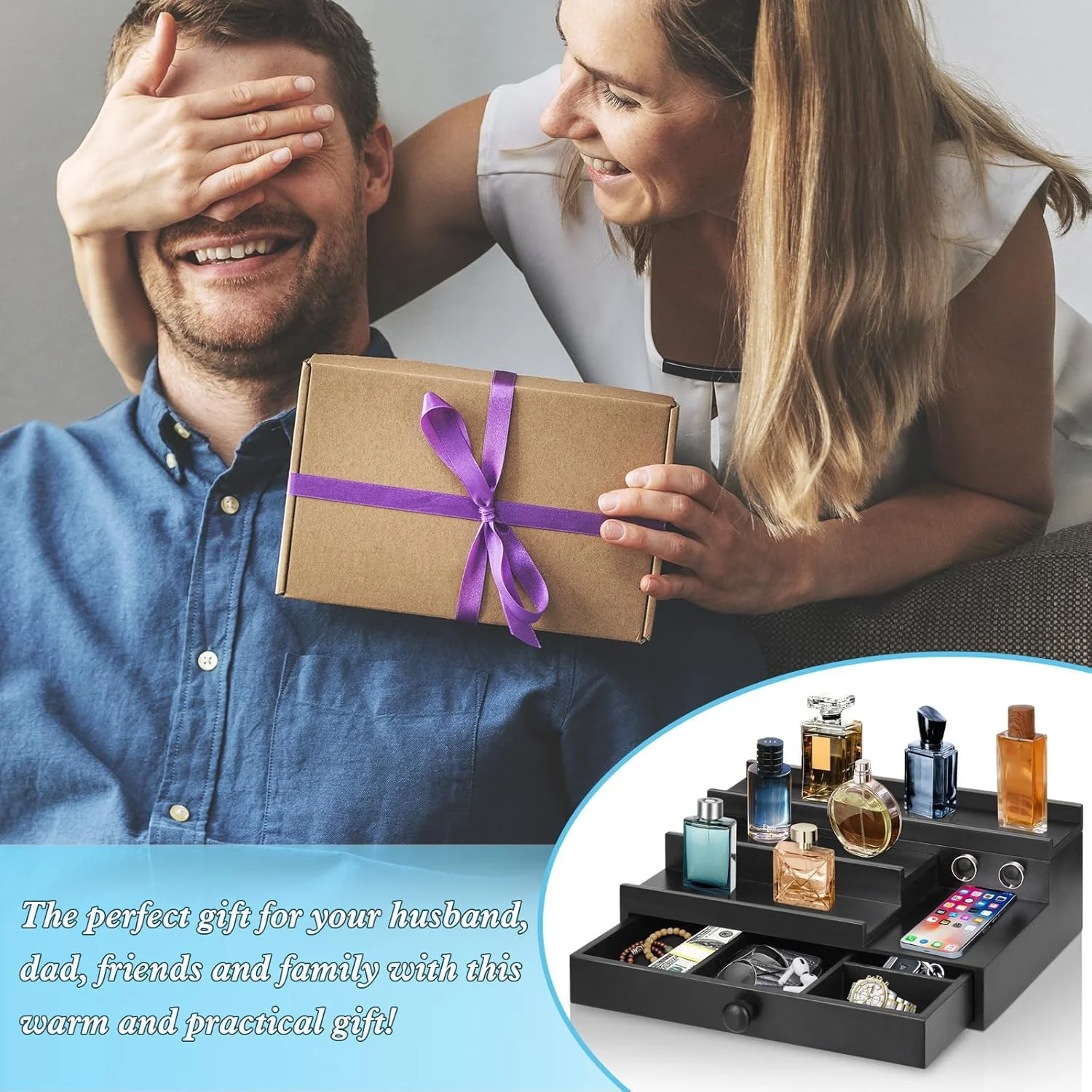 استند چوبی نظم دهنده عطر KASTWAVE، قفسه نمایشگر چوبی با محفظه مخفی، برای فروشندگان، فیگورهای پاپ، کاپ کیک ها، نگهداری کلکسیون ها، لوازم ضروری اتاق برای مردان، هدیه برای همسر (مشکی)