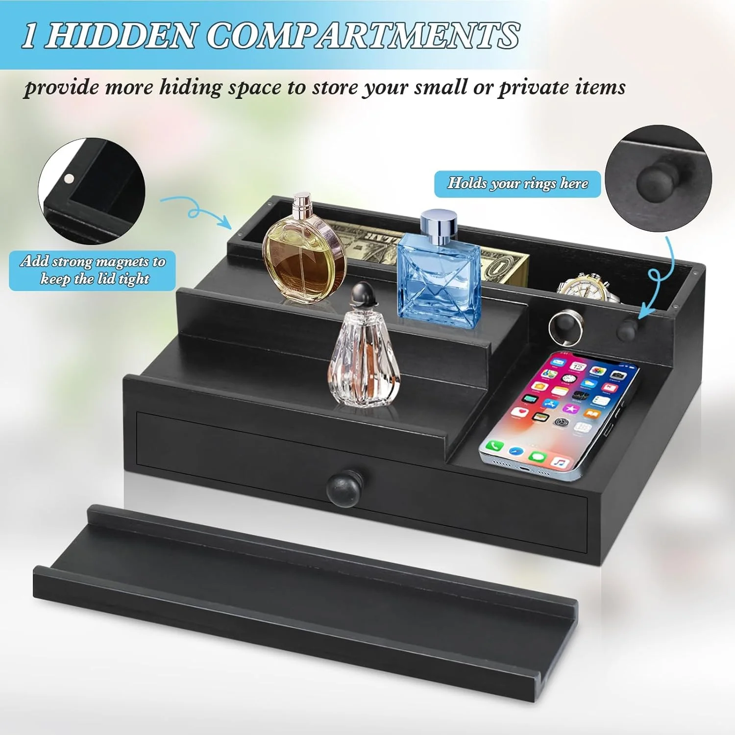 استند چوبی نظم دهنده عطر KASTWAVE، قفسه نمایشگر چوبی با محفظه مخفی، برای فروشندگان، فیگورهای پاپ، کاپ کیک ها، نگهداری کلکسیون ها، لوازم ضروری اتاق برای مردان، هدیه برای همسر (مشکی)