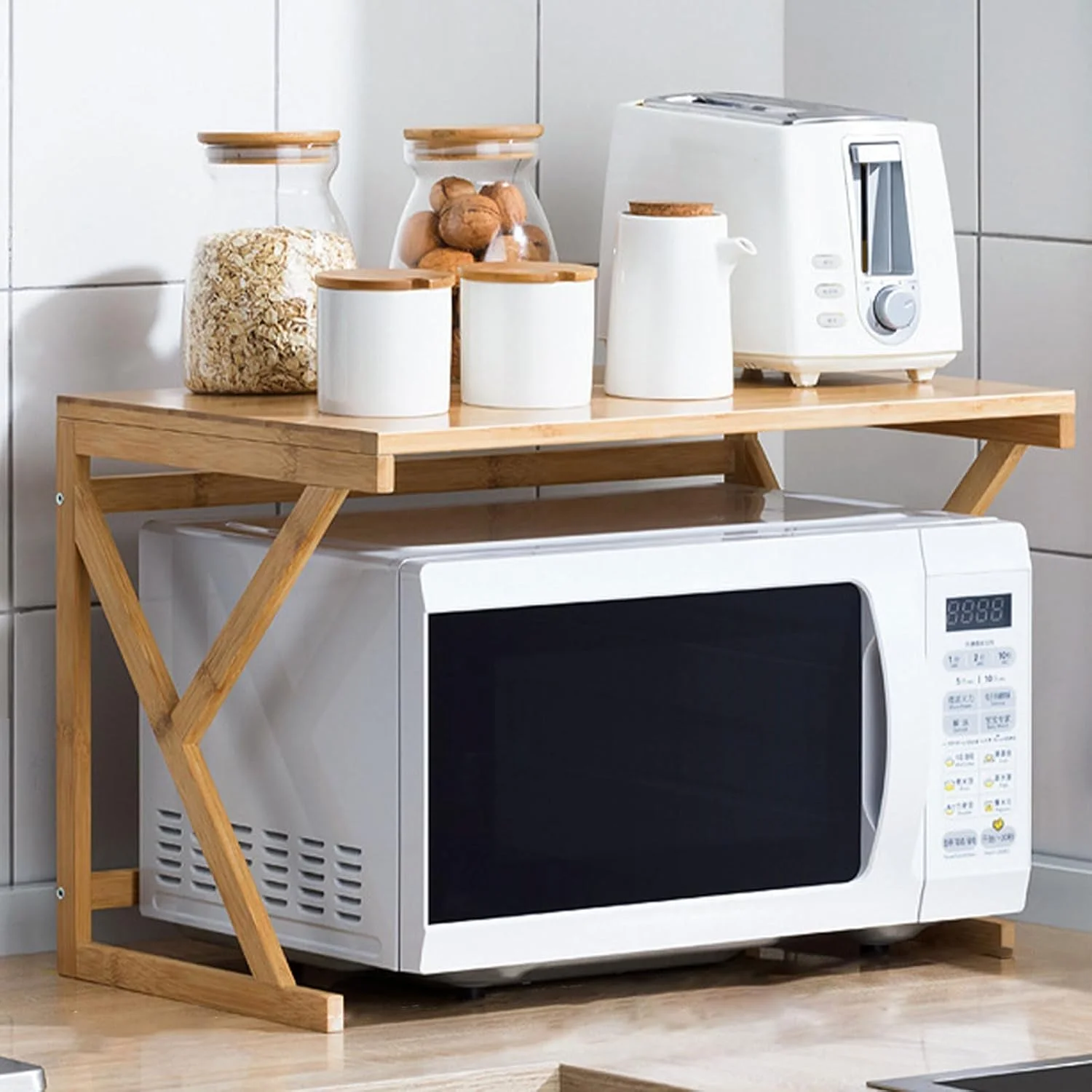 قفسه نظم دهنده روی کابینت آشپزخانه، قفسه مایکروویو 2 طبقه، پایه قفسه مایکروویو طبقه ای، ظاهر ساده، مناسب برای نگهداری و سازماندهی لوازم آشپزخانه