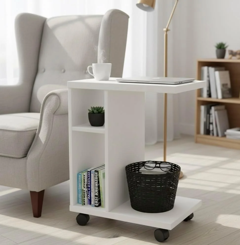میز عسلی چرخ دار چوبی ElevaHome مدل C شکل، میز کنار تختی مدرن با قفسه برای اتاق نشیمن یا دفتر کار خانگی، چند منظوره برای فضاهای کوچک، سفید میز عسلی چرخ دار چوبی ElevaHome مدل C شکل، میز کنار تختی مدرن با قفسه برای اتاق نشیمن یا دفتر کار خانگی، چند منظوره برای فضاهای کوچک، سفید
