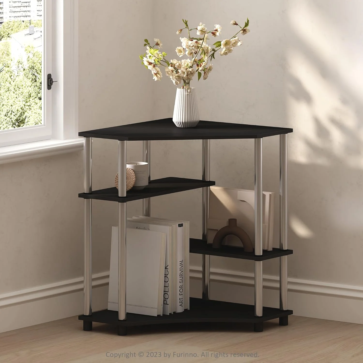 قفسه گوشه ای چند منظوره Furinno Turn-N-Tube، قفسه نمایش، قفسه کتاب، آمریکانو، لوله های استیل ضد زنگ