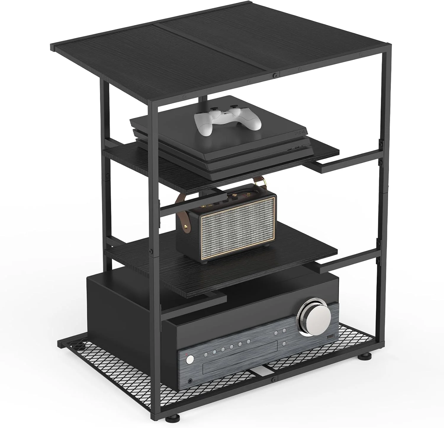 استند رسانه ای 4 طبقه NOVIMANGO، استند گوشه ای برای پخش صفحه گرامافون، کابینت برج صوتی رسانه ای، کابینت استریو مشکی، مرکز سرگرمی کوچک با قفسه های چوبی قابل تنظیم ارتفاع برای تلویزیون