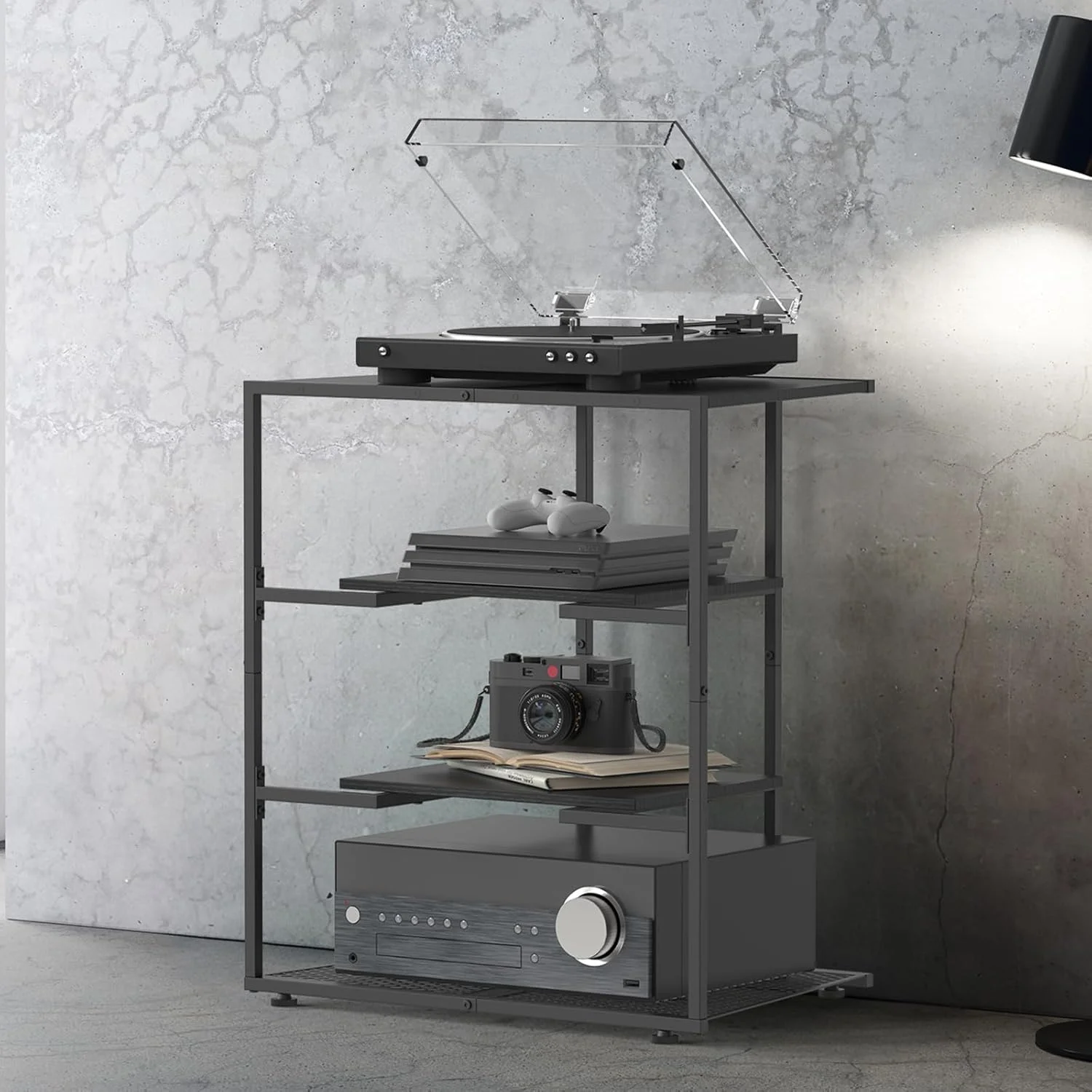 استند رسانه ای 4 طبقه NOVIMANGO، استند گوشه ای برای پخش صفحه گرامافون، کابینت برج صوتی رسانه ای، کابینت استریو مشکی، مرکز سرگرمی کوچک با قفسه های چوبی قابل تنظیم ارتفاع برای تلویزیون استند رسانه ای 4 طبقه NOVIMANGO، استند گوشه ای برای پخش صفحه گرامافون، کابینت برج صوتی رسانه ای، کابینت استریو مشکی، مرکز سرگرمی کوچک با قفسه های چوبی قابل تنظیم ارتفاع برای تلویزیون