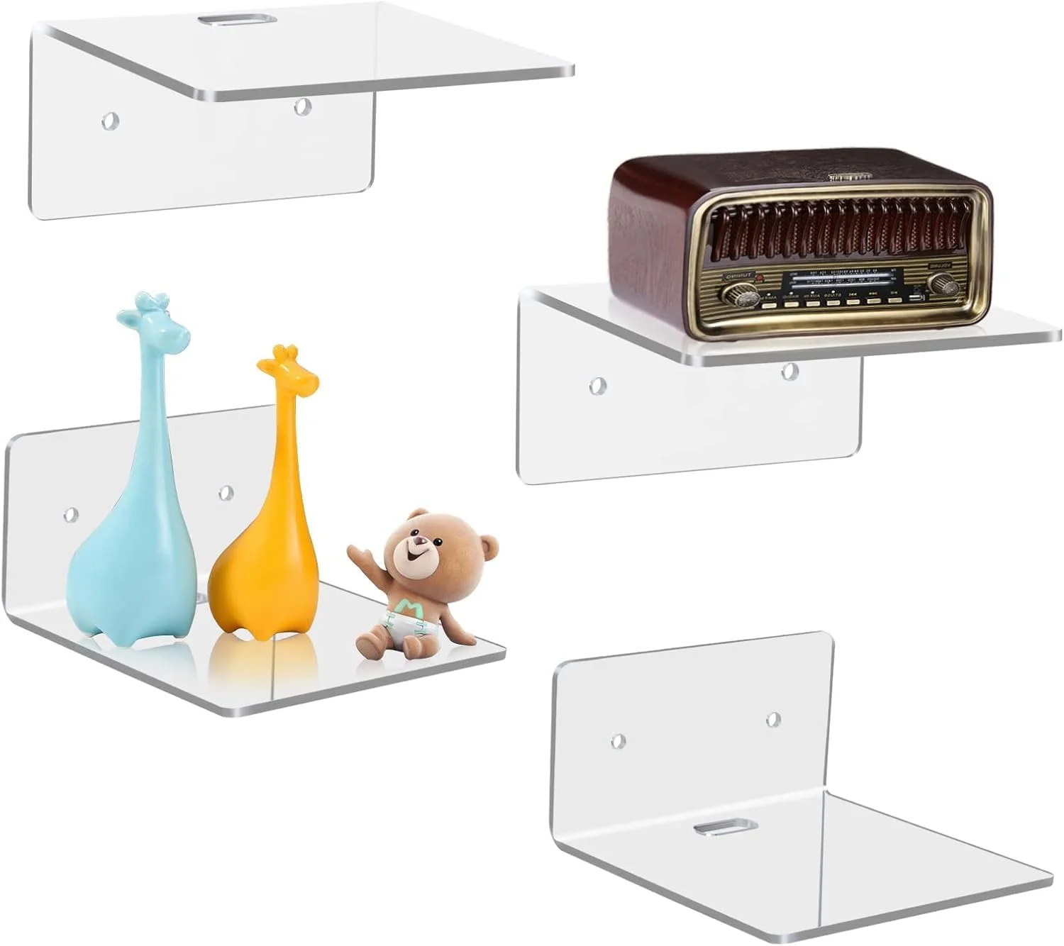 طاقچه دیواری آکریلیک تزویق، بسته 4 عددی، مناسب برای نگهداری و دکوراسیون، قفسه شناور کوچک، برای دیوار با 2 نوع نصب (چسبی یا پیچی)