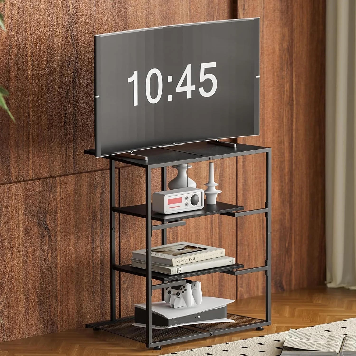 استند رسانه ای 4 طبقه NOVIMANGO، استند گوشه ای برای پخش صفحه گرامافون، کابینت برج صوتی رسانه ای، کابینت استریو مشکی، مرکز سرگرمی کوچک با قفسه های چوبی قابل تنظیم ارتفاع برای تلویزیون استند رسانه ای 4 طبقه NOVIMANGO، استند گوشه ای برای پخش صفحه گرامافون، کابینت برج صوتی رسانه ای، کابینت استریو مشکی، مرکز سرگرمی کوچک با قفسه های چوبی قابل تنظیم ارتفاع برای تلویزیون