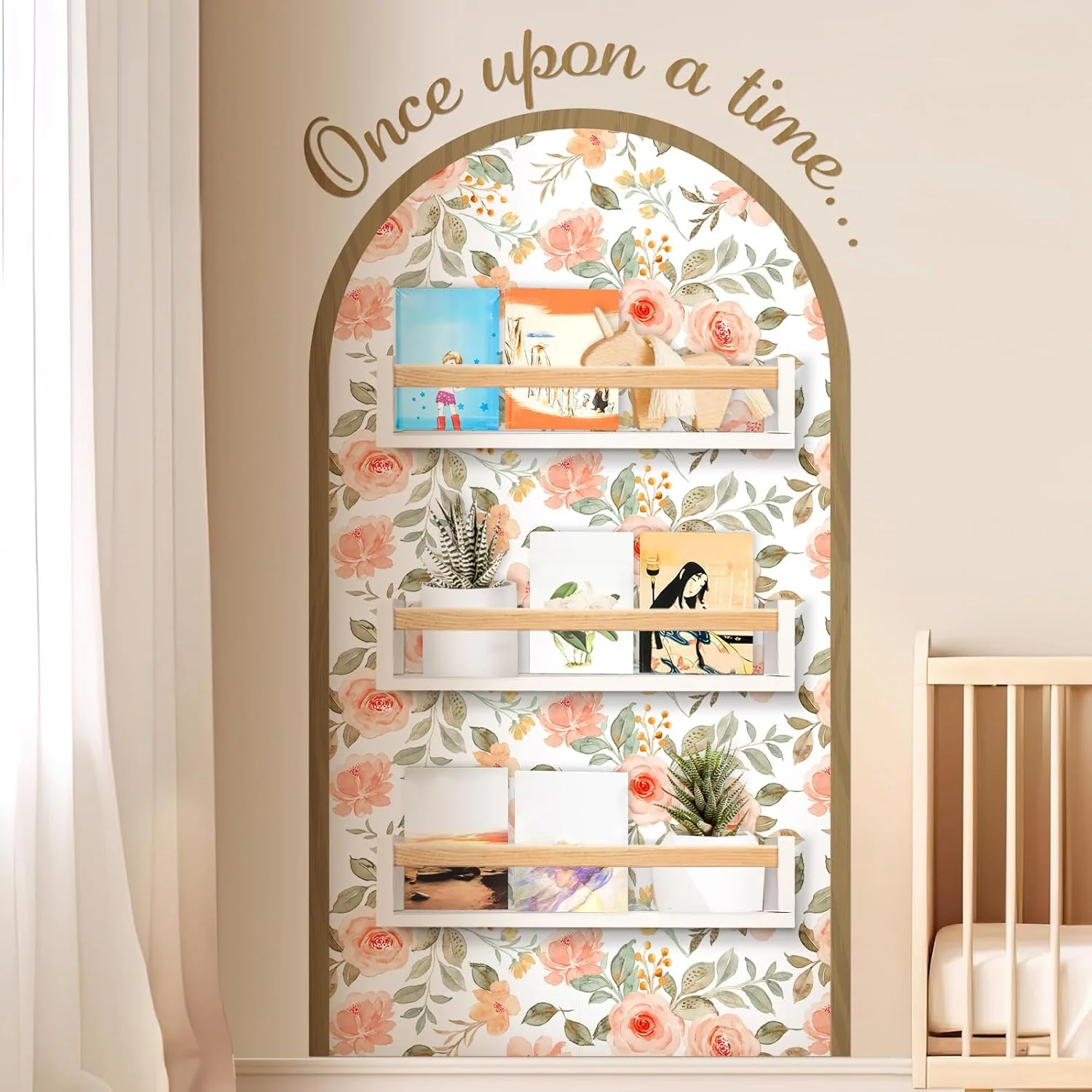 برچسب دیواری طرح گل و کمان Pinkunn با قفسه کتاب چوبی و تابلوی Once Upon a Time، مناسب برای دکوراسیون اتاق خواب، گوشه مطالعه، آویز تزئینی برای قفسه کتاب دیواری اتاق نشیمن و اتاق خواب