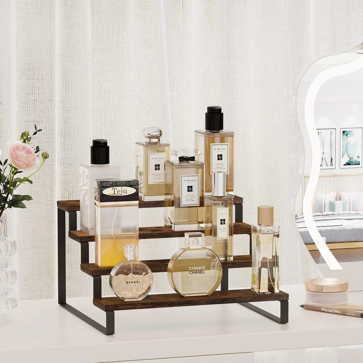 استند چوبی دفسدار، استند چند طبقه برای عطر و ادکلن، استند ادویه 4 طبقه، قفسه نمایش روستیک برای شمع