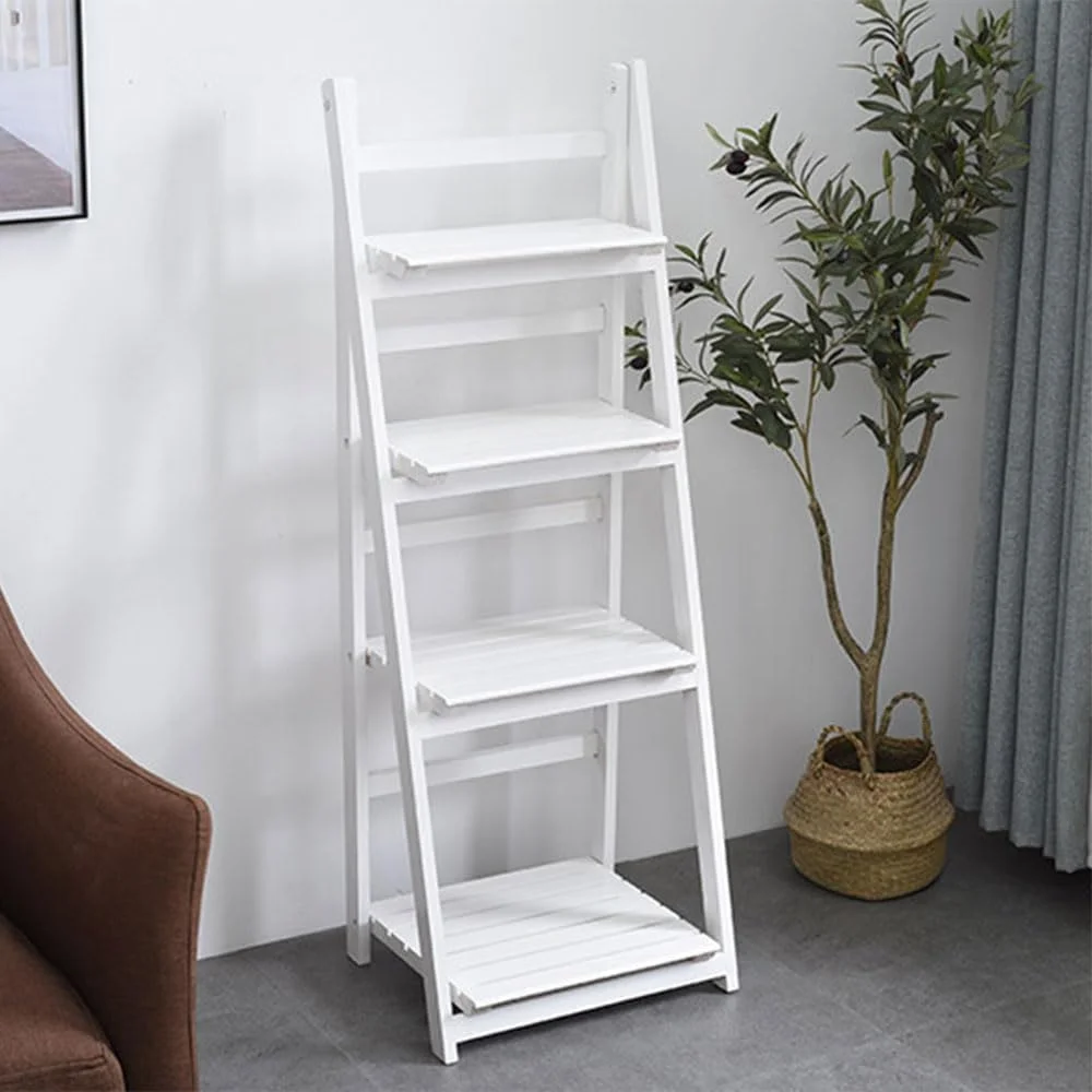 قفسه نردبانی چوبی آرایشی 3 و 4 طبقه - استند گلدان تزئینی برای گیاهان داخلی، استند نمایش چند منظوره برای کتاب، گل و دکور - استند گلدان چوبی تاشو (سفید، 4 طبقه)