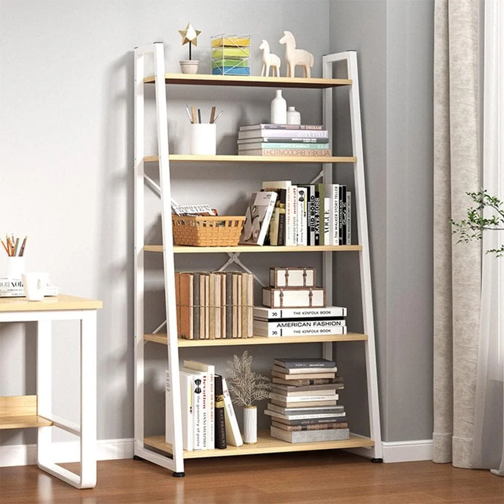 کتابخانه دانوب هوم مدل Lia I کابینت قفسه کتاب 5 طبقه I طراحی مدرن قفسه چوبی قابل تنظیم I قفسه نگهداری و نمایشگر صرفه جویی در فضا برای خانه، دفتر - بلوط طبیعی/سفید