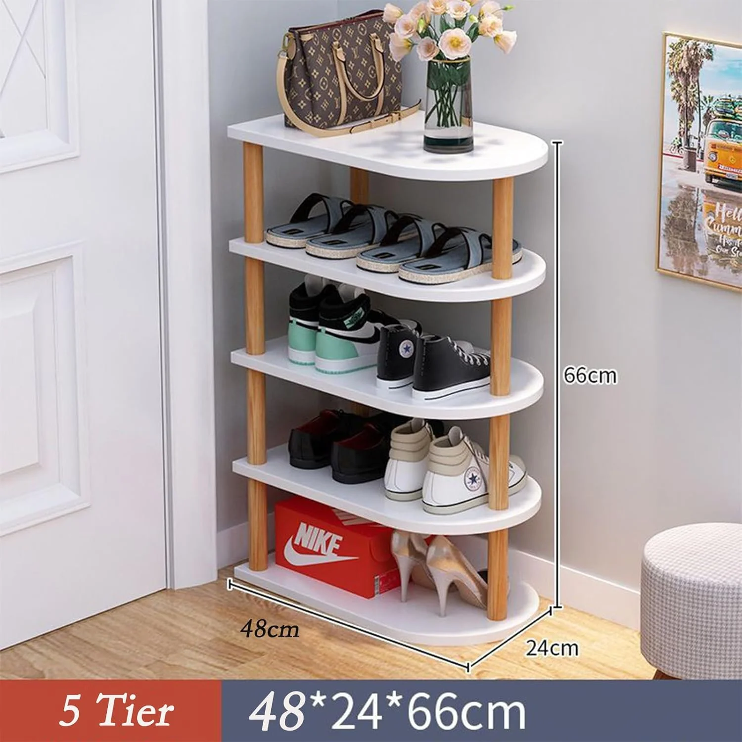 جاکفشی عمودی چوبی برای ورودی، سازمان دهنده جاکفشی گوشه ای صرفه جویی در فضا، قفسه کفش ایستاده، انبار باریک کفش برای کمد (5 طبقه)