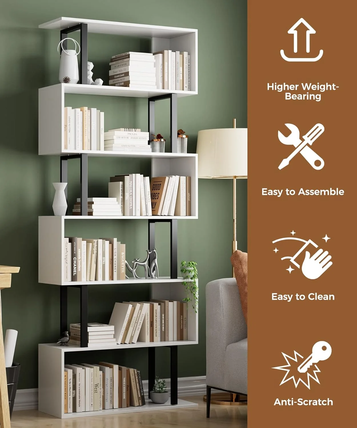 کتابخانه هندسی گادروود 6 طبقه مدل S، قفسه ذخیره سازی تزئینی چوبی، قفسه نمایشگر مدرن و مستقل، کتابخانه بلند برای اتاق نشیمن اتاق خواب سفید