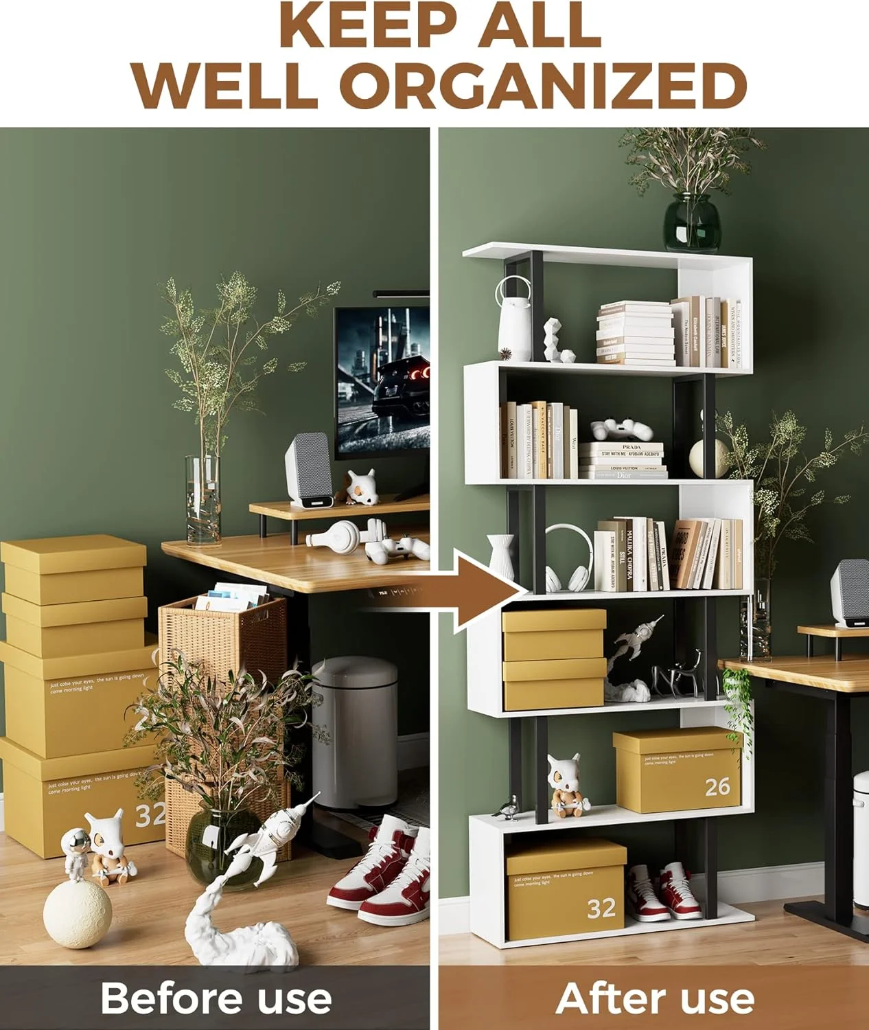 کتابخانه هندسی گادروود 6 طبقه مدل S، قفسه ذخیره سازی تزئینی چوبی، قفسه نمایشگر مدرن و مستقل، کتابخانه بلند برای اتاق نشیمن اتاق خواب سفید