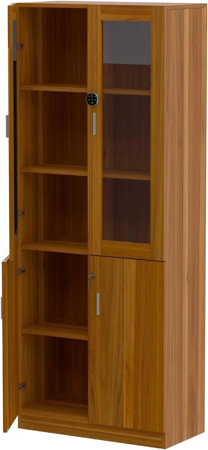 کتابخانه/کابینت قدی Mahmayi Carre 1123 با قفل دیجیتال، کتابخانه چوبی مستحکم و شیک، ایده آل برای خانه و دفتر - گردویی روشن