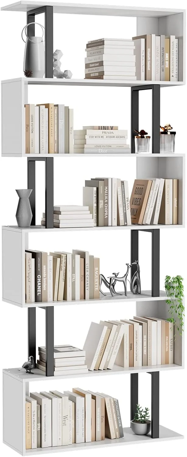 کتابخانه هندسی گادرود، 6 طبقه، قفسه ذخیره سازی تزئینی چوبی S شکل، قفسه نمایشگر مدرن ایستاده، کتابخانه بلند برای اتاق نشیمن اتاق خواب سفید