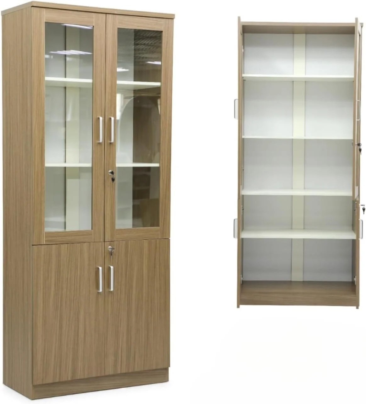 کتابخانه دو درب شیشه ای سولشا، قفسه کتاب چوبی، قفسه فایل، مناسب برای نگهداری وسایل منزل، اداره، مدرسه، کتابخانه، اتاق مطالعه، اتاق نشیمن، اتاق خواب، کابینت ایستاده (سفید بلوطی، همراه با مونتاژ)