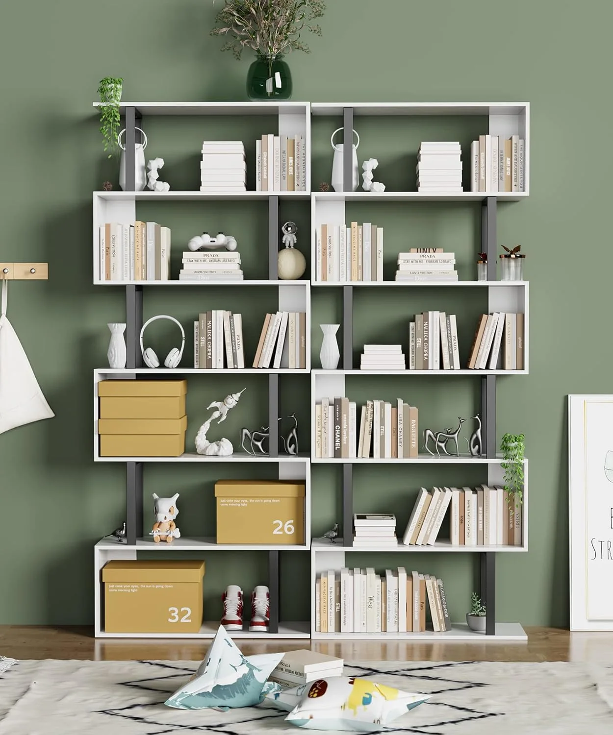 کتابخانه هندسی گادرود، 6 طبقه، قفسه ذخیره سازی تزئینی چوبی S شکل، قفسه نمایشگر مدرن ایستاده، کتابخانه بلند برای اتاق نشیمن اتاق خواب سفید کتابخانه هندسی گادرود، 6 طبقه، قفسه ذخیره سازی تزئینی چوبی S شکل، قفسه نمایشگر مدرن ایستاده، کتابخانه بلند برای اتاق نشیمن اتاق خواب سفید