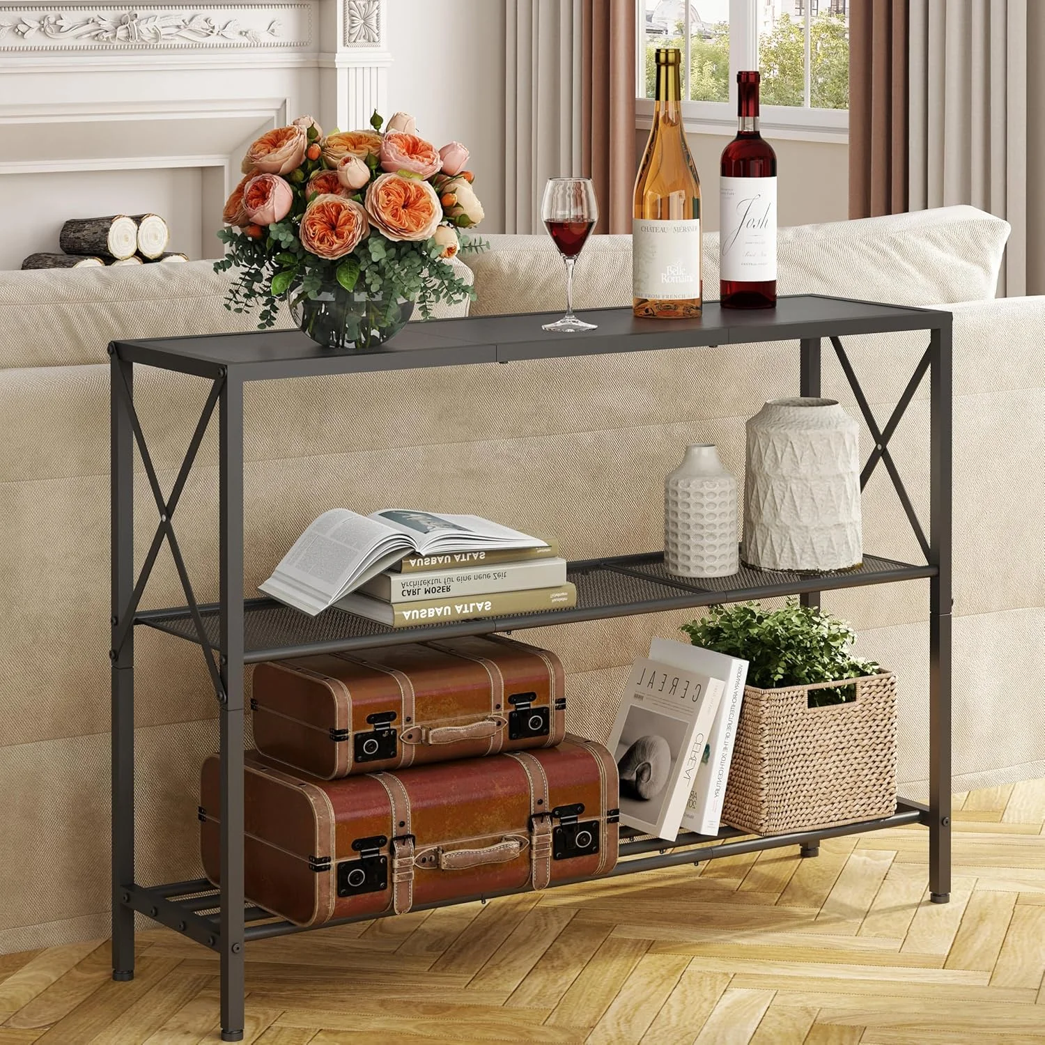 Hoctieon Industrial Console Table, 3 Tier Entryway Tables, Hallway Desk, Narrow Sofa Tables with Shelves, Entrance Table for Entryway, Living Room, Foyer, Hallway, Office, Black