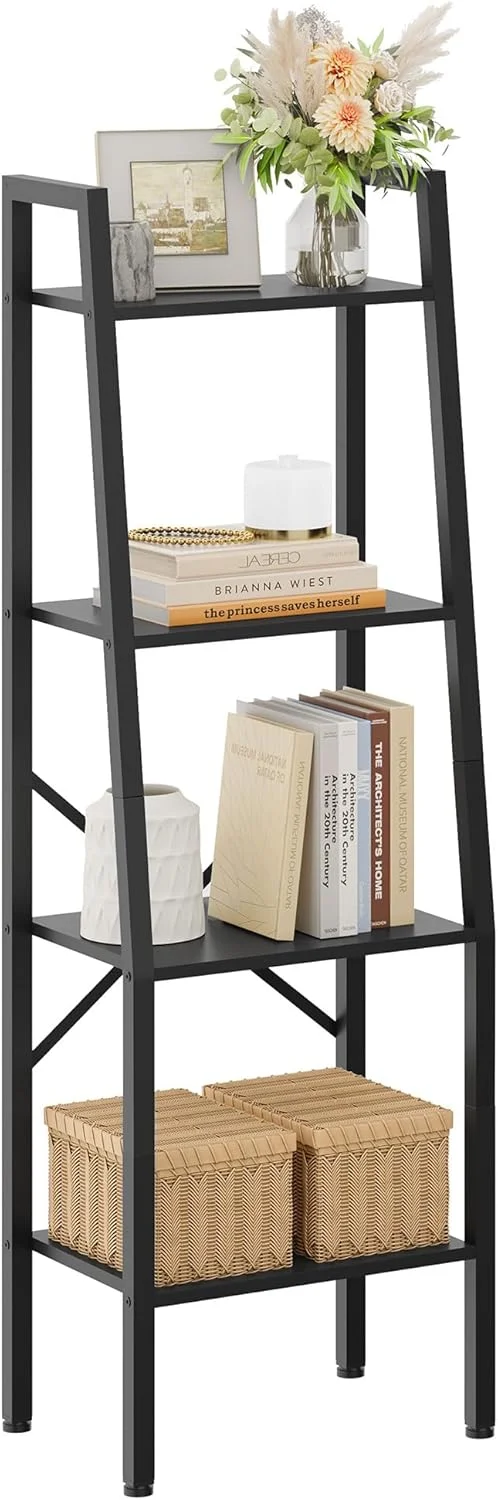 Hoctieon Ladder Shelf Bookcase, 4-Tier Ladder Bookshelf, Tall Bookshelf with Metal Frame, Industrial Bookshelf Ladder, for Living Room, Kitchen, Home Office, Bedroom, Black Hoctieon Ladder Shelf Bookcase, 4-Tier Ladder Bookshelf, Tall Bookshelf with Metal Frame, Industrial Bookshelf Ladder, for Living Room, Kitchen, Home Office, Bedroom, Black