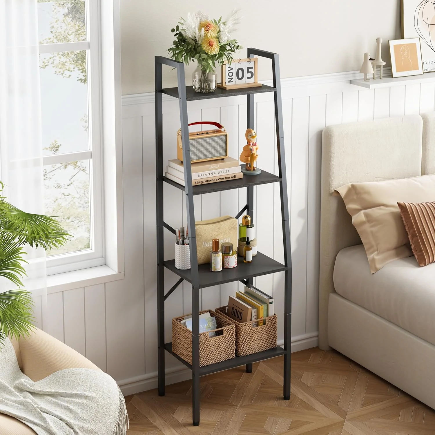 Hoctieon Ladder Shelf Bookcase, 4-Tier Ladder Bookshelf, Tall Bookshelf with Metal Frame, Industrial Bookshelf Ladder, for Living Room, Kitchen, Home Office, Bedroom, Black Hoctieon Ladder Shelf Bookcase, 4-Tier Ladder Bookshelf, Tall Bookshelf with Metal Frame, Industrial Bookshelf Ladder, for Living Room, Kitchen, Home Office, Bedroom, Black