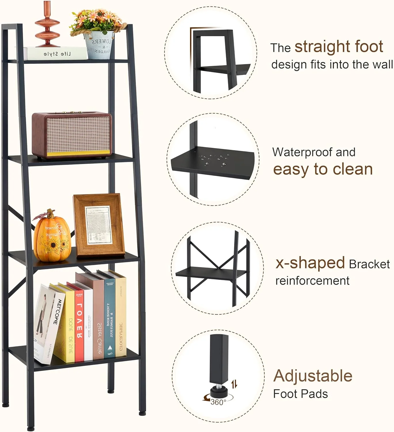 Hoctieon Ladder Shelf Bookcase, 4-Tier Ladder Bookshelf, Tall Bookshelf with Metal Frame, Industrial Bookshelf Ladder, for Living Room, Kitchen, Home Office, Bedroom, Black Hoctieon Ladder Shelf Bookcase, 4-Tier Ladder Bookshelf, Tall Bookshelf with Metal Frame, Industrial Bookshelf Ladder, for Living Room, Kitchen, Home Office, Bedroom, Black