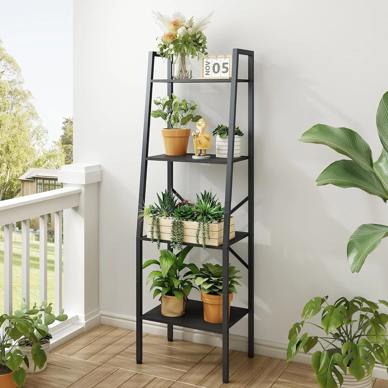 Hoctieon Ladder Shelf Bookcase, 4-Tier Ladder Bookshelf, Tall Bookshelf with Metal Frame, Industrial Bookshelf Ladder, for Living Room, Kitchen, Home Office, Bedroom, Black Hoctieon Ladder Shelf Bookcase, 4-Tier Ladder Bookshelf, Tall Bookshelf with Metal Frame, Industrial Bookshelf Ladder, for Living Room, Kitchen, Home Office, Bedroom, Black