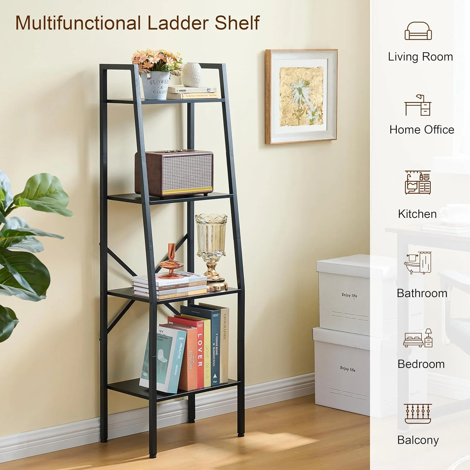 Hoctieon Ladder Shelf Bookcase, 4-Tier Ladder Bookshelf, Tall Bookshelf with Metal Frame, Industrial Bookshelf Ladder, for Living Room, Kitchen, Home Office, Bedroom, Black Hoctieon Ladder Shelf Bookcase, 4-Tier Ladder Bookshelf, Tall Bookshelf with Metal Frame, Industrial Bookshelf Ladder, for Living Room, Kitchen, Home Office, Bedroom, Black